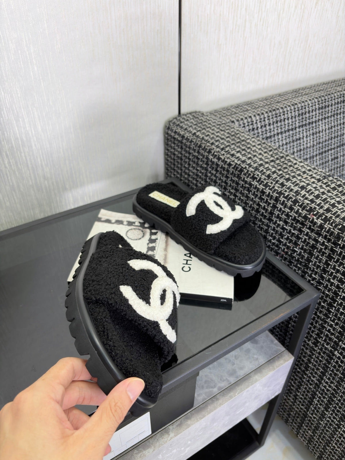 CC 26s Shearling Slide Flat Mules Black White Wool 128101