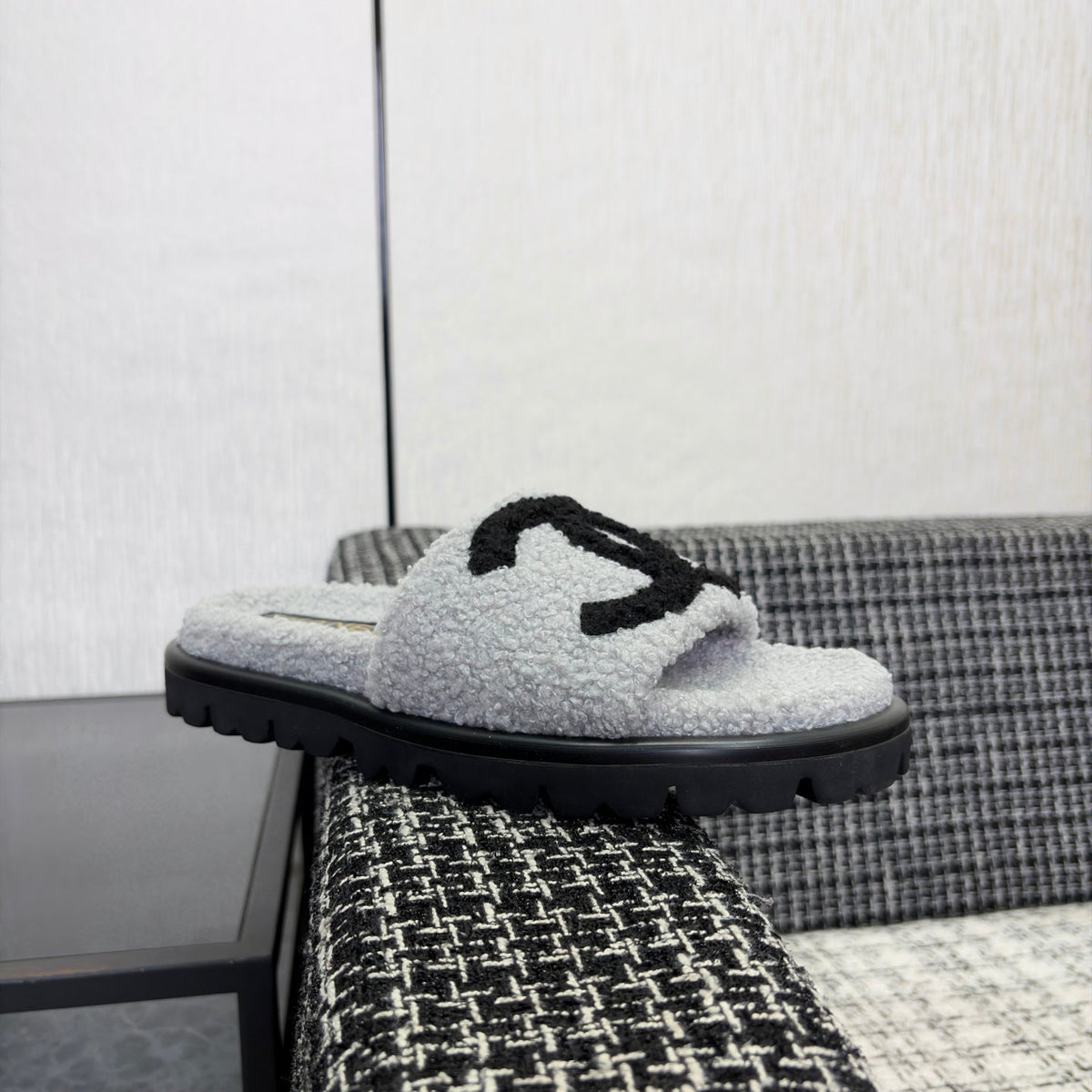 CC 26s Shearling Slide Flat Mules Grey Black Wool 128100