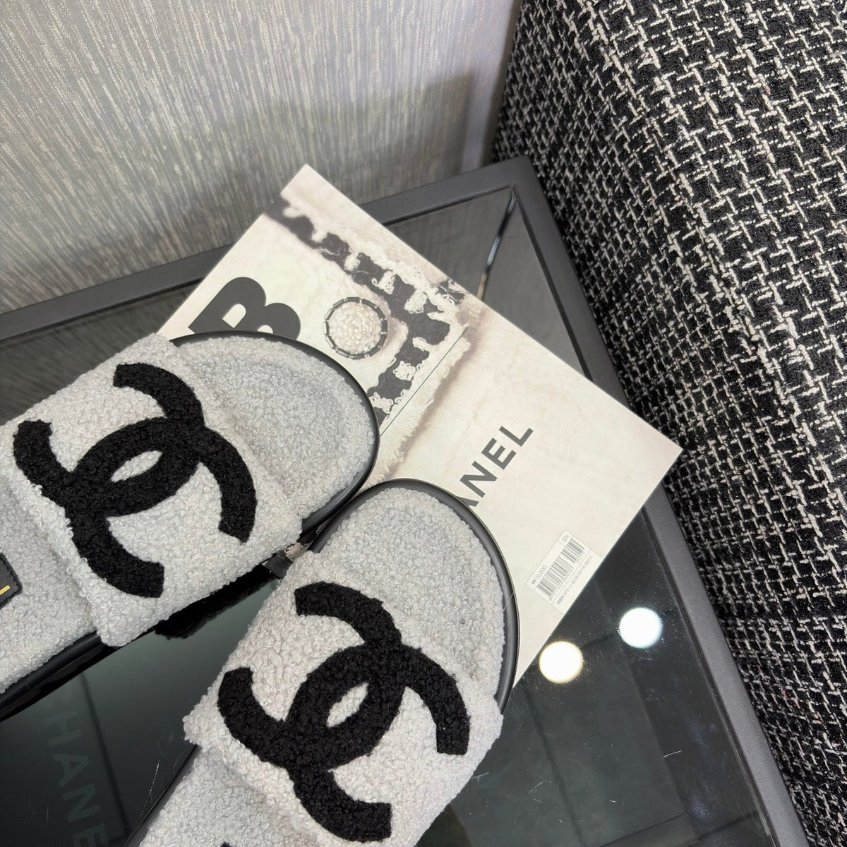 CC 26s Shearling Slide Flat Mules Grey Black Wool 128100