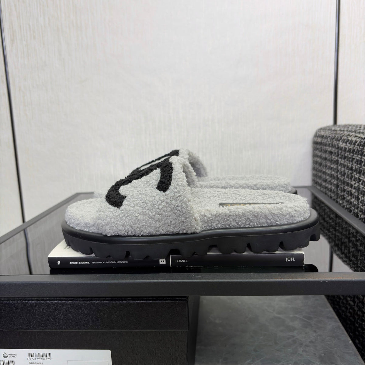 CC 26s Shearling Slide Flat Mules Grey Black Wool 128100