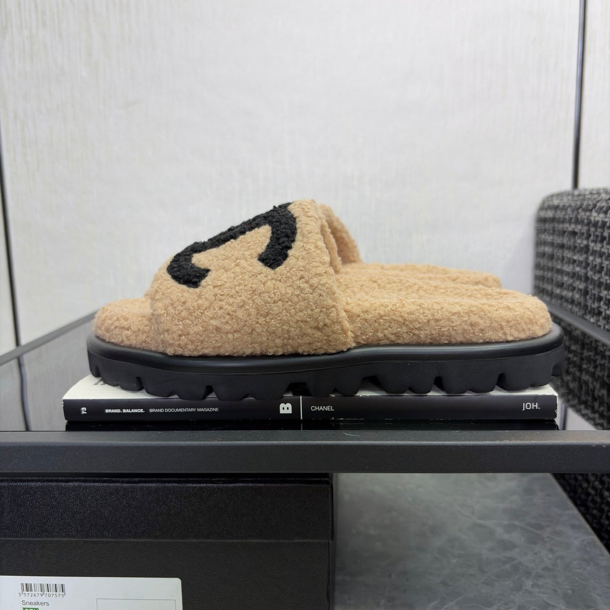 CC 26s Shearling Slide Flat Mules Beige Black Wool 128098