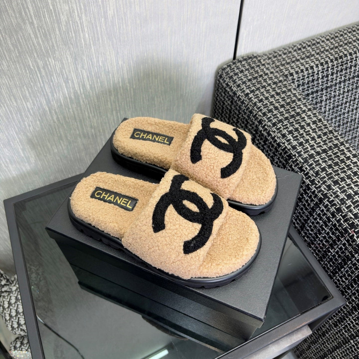 CC 26s Shearling Slide Flat Mules Beige Black Wool 128098
