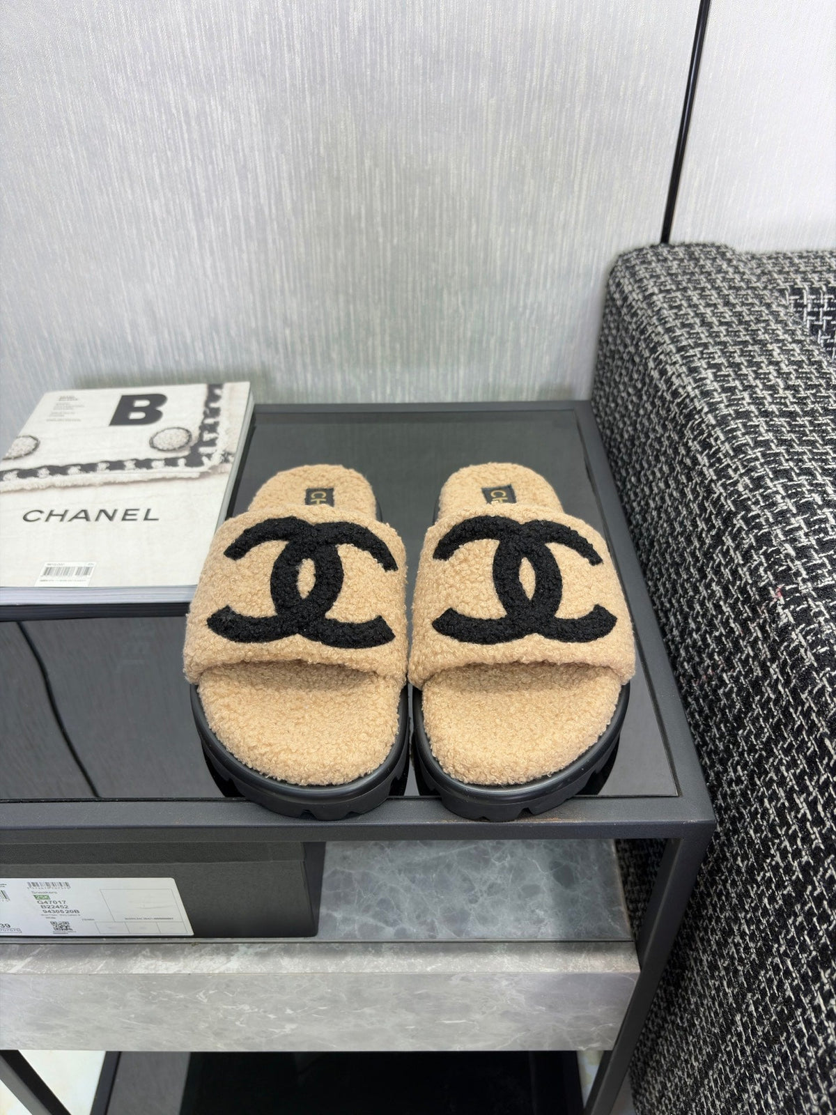 CC 26s Shearling Slide Flat Mules Beige Black Wool 128098