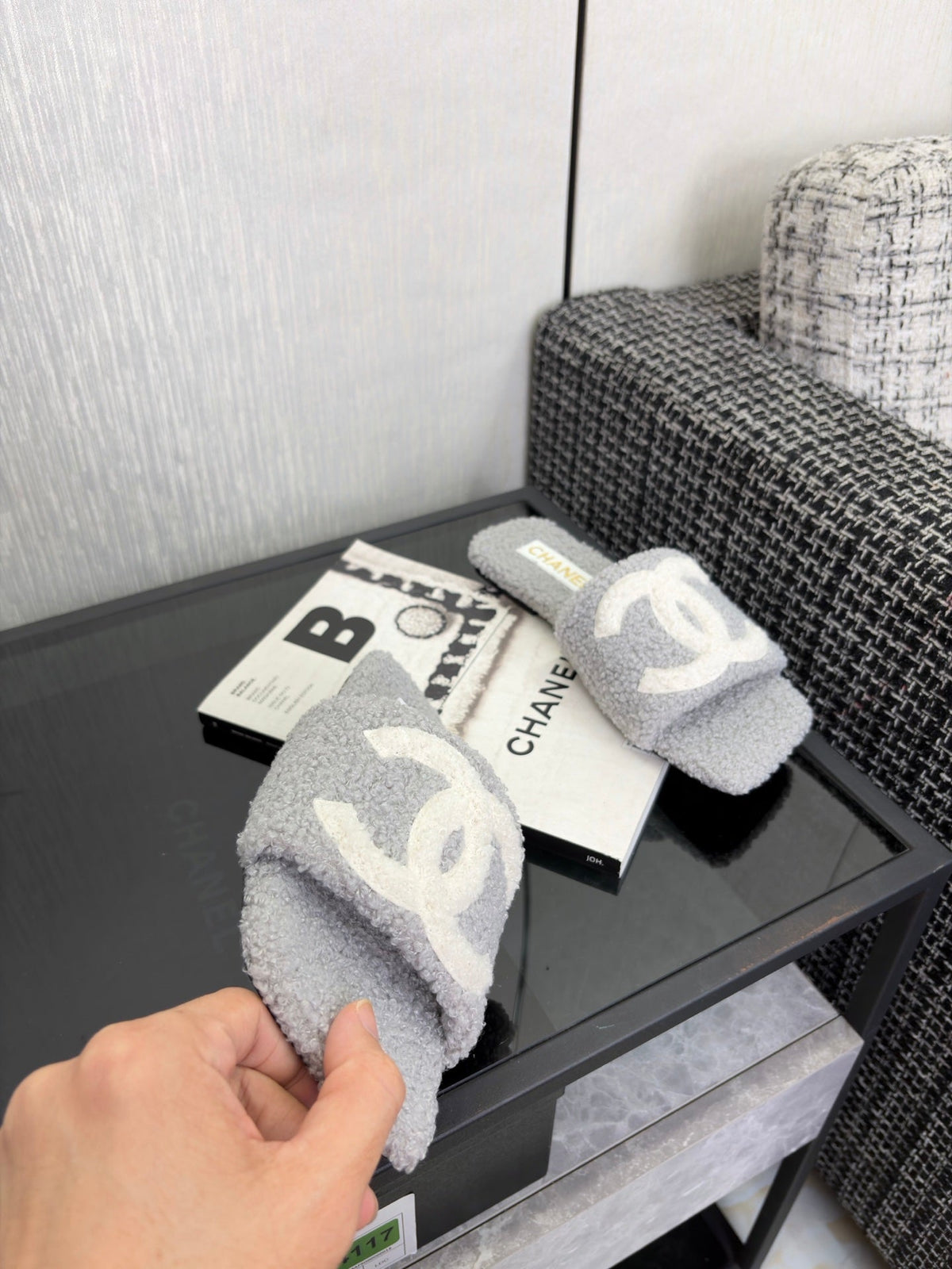 CC 26s Shearling Square Toe Sandals Grey White Wool 128087