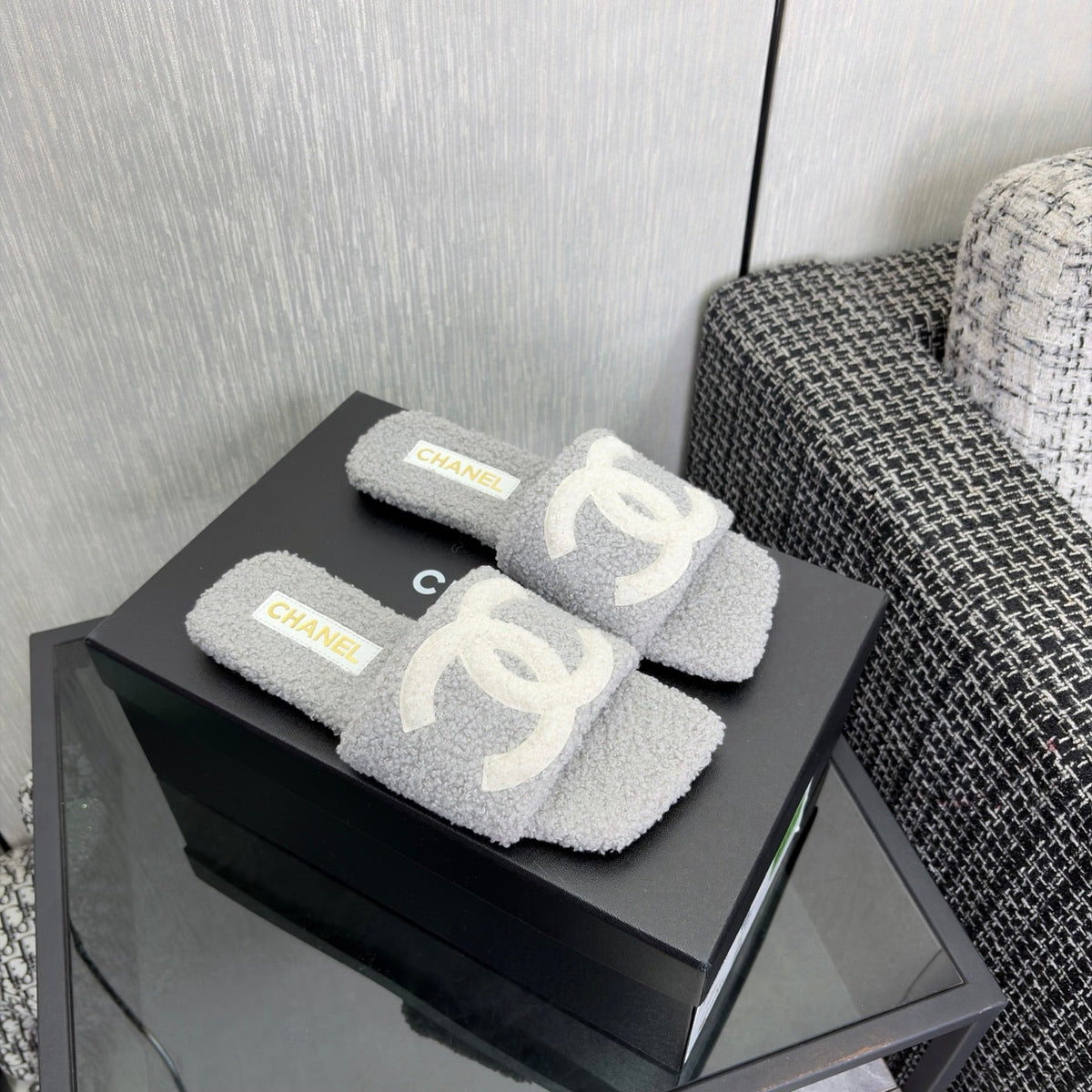 CC 26s Shearling Square Toe Sandals Grey White Wool 128087
