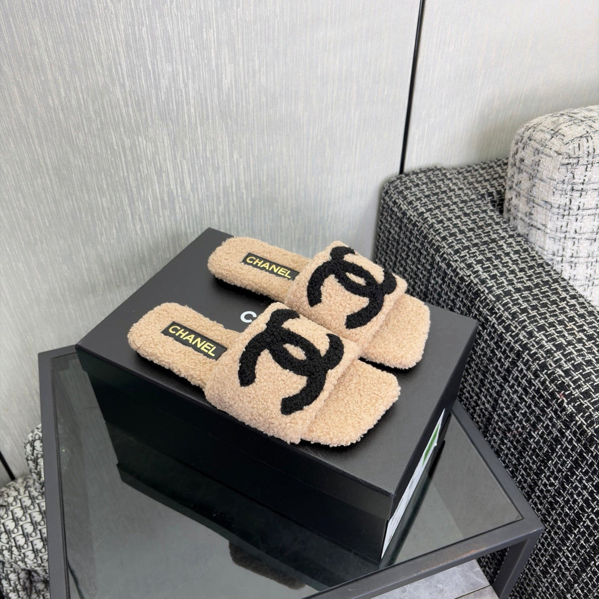 CC 26s Shearling Square Toe Sandals Beige Black Wool 128090