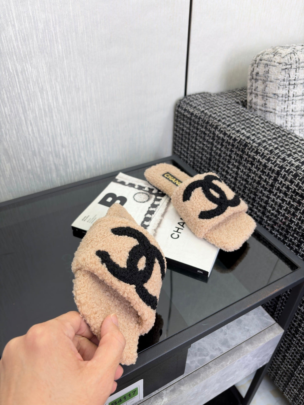 CC 26s Shearling Square Toe Sandals Beige Black Wool 128090