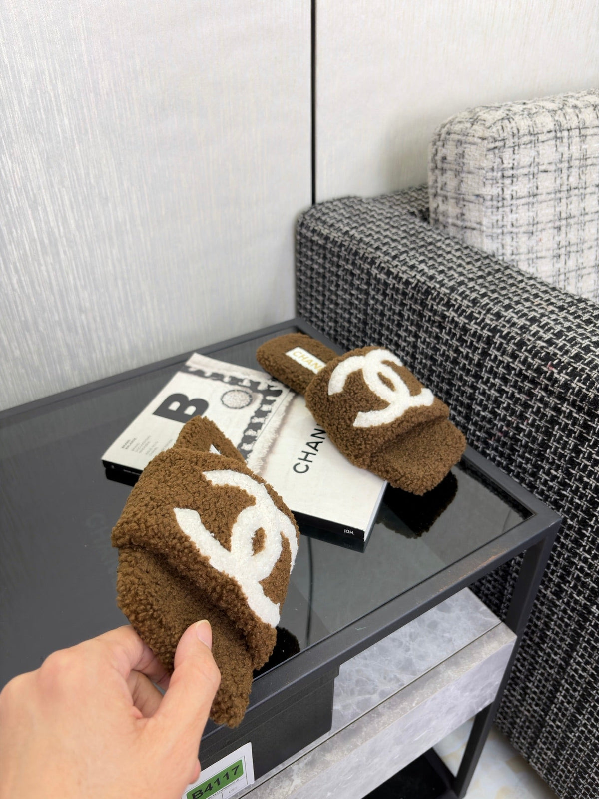 CC 26s Shearling Square Toe Sandals Brown White Wool 128089