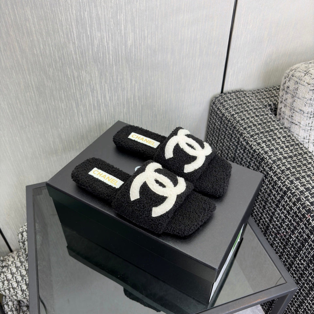 CC 26s Shearling Square Toe Sandals Black White Wool 128094
