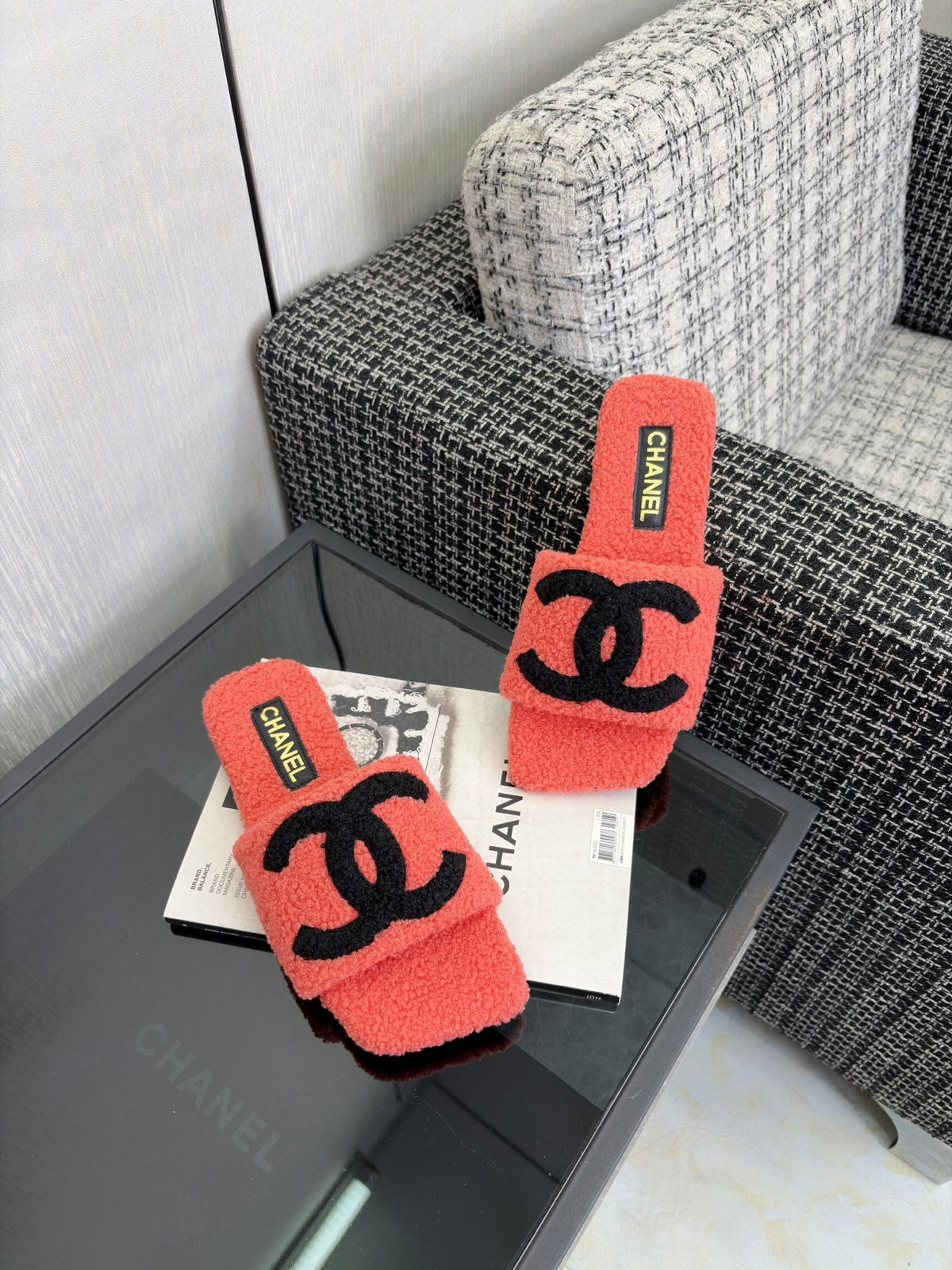 CC 26s Shearling Slide Flat Mules Coral Black Wool 128092