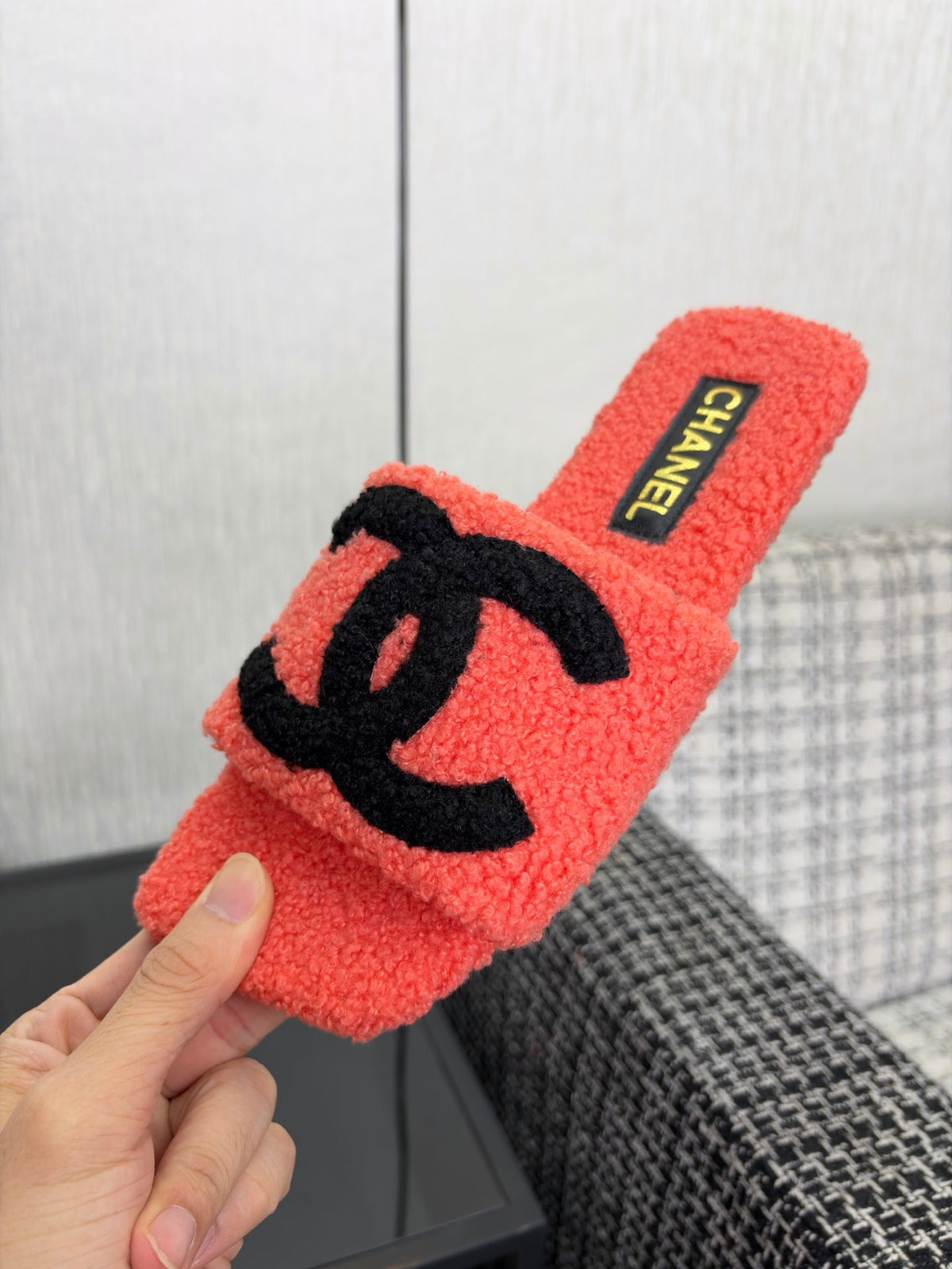CC 26s Shearling Slide Flat Mules Coral Black Wool 128092