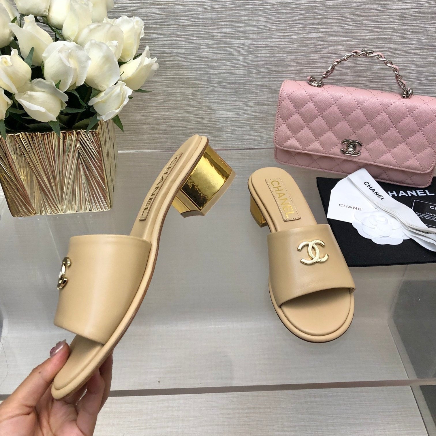 CC 25C Mid Heel Mule Cream Genuine Calfskin 212955