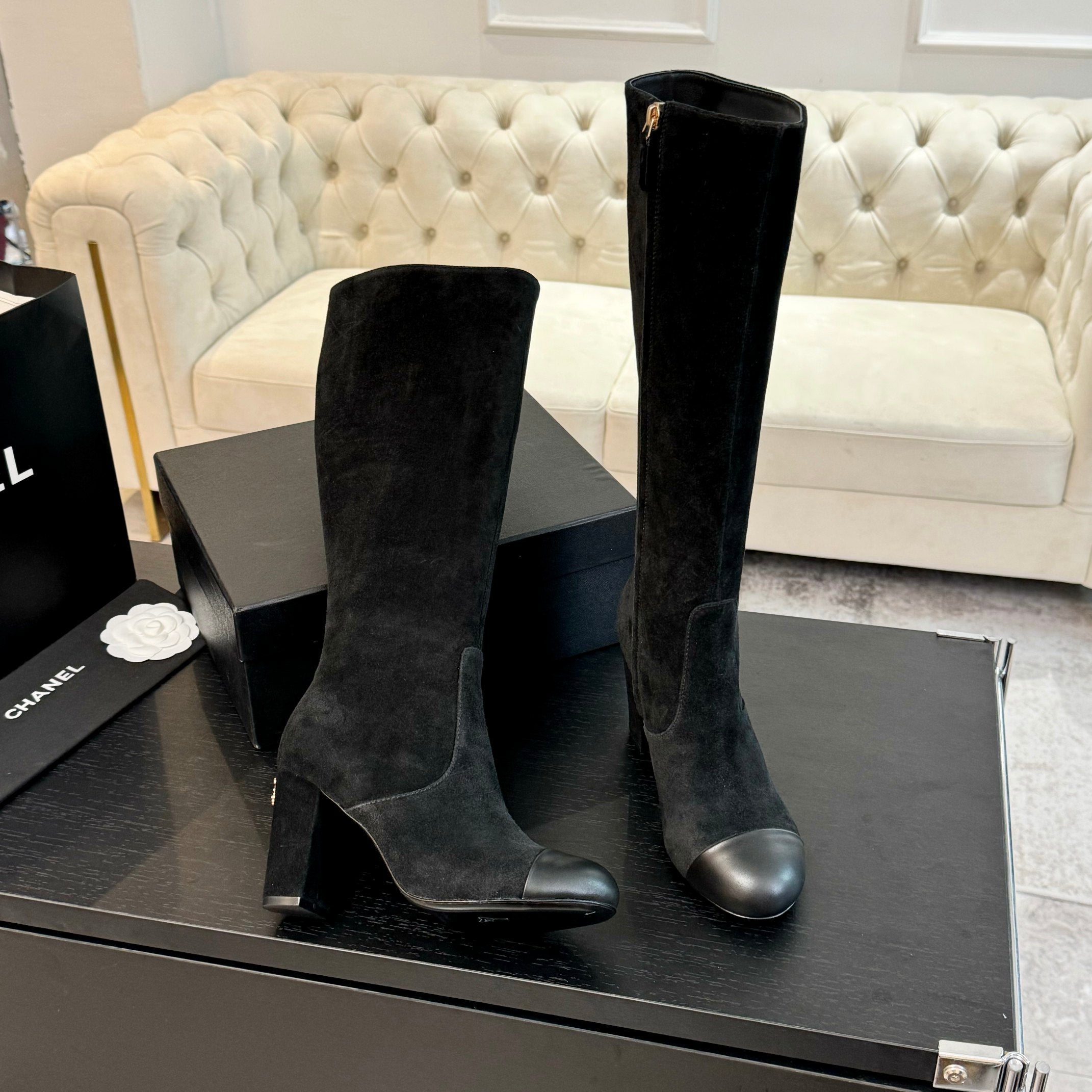 CC 26s Block Heel Long Boot 8cm Black Suede Lambskin 957798