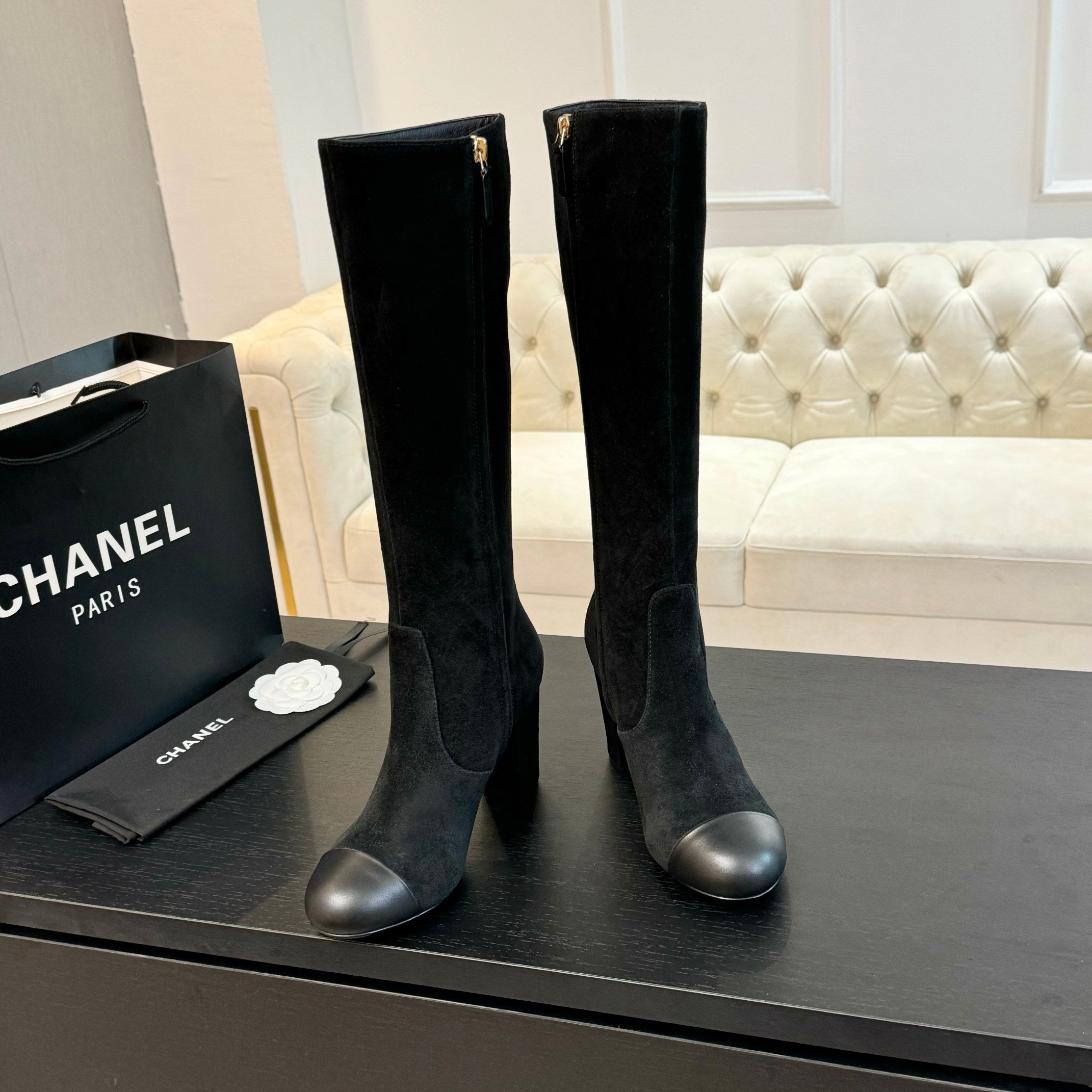 CC 26s Block Heel Long Boot 8cm Black Suede Lambskin 957798