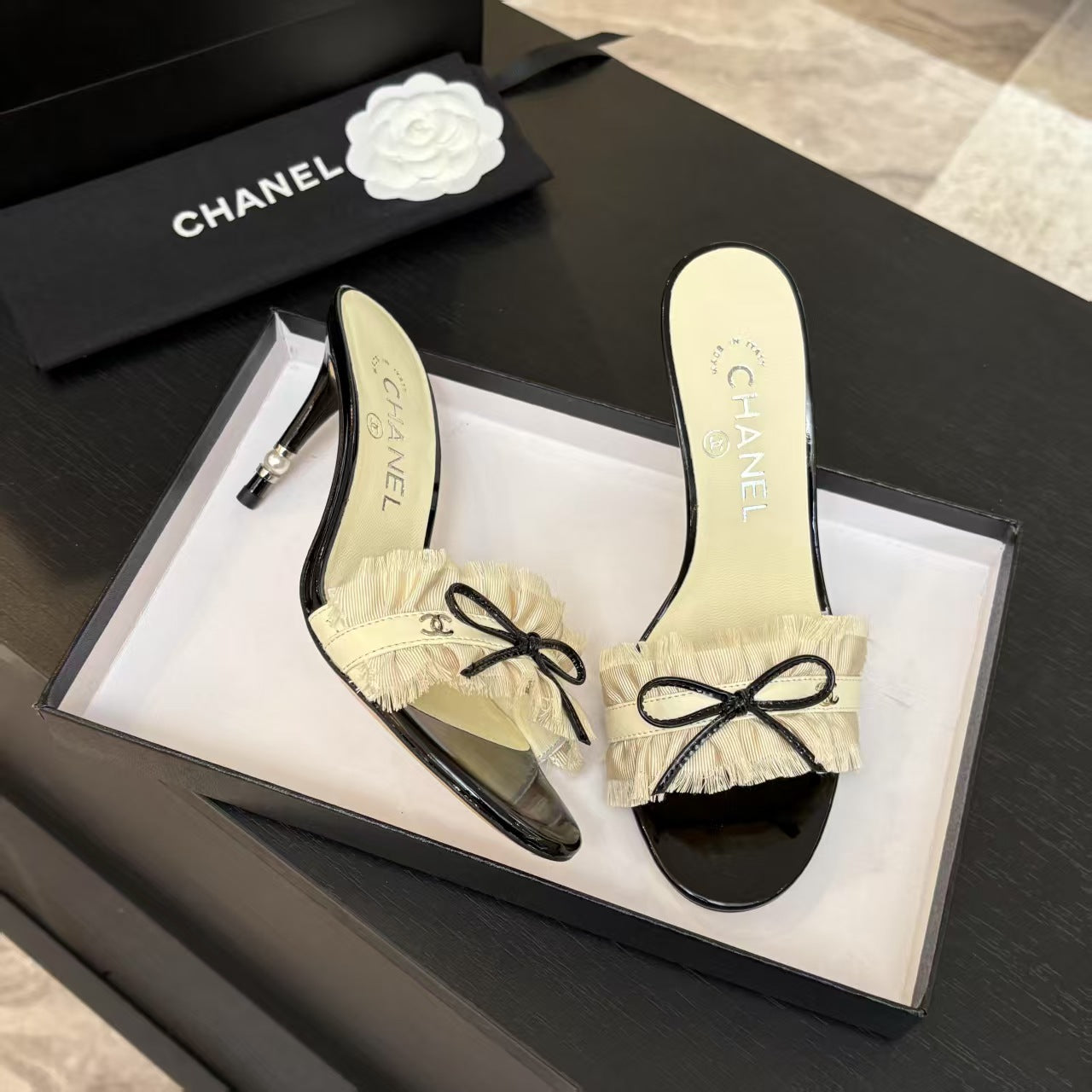 CC 25 Camellia Sandals Beige Black Silk Satin Lambskin 251720