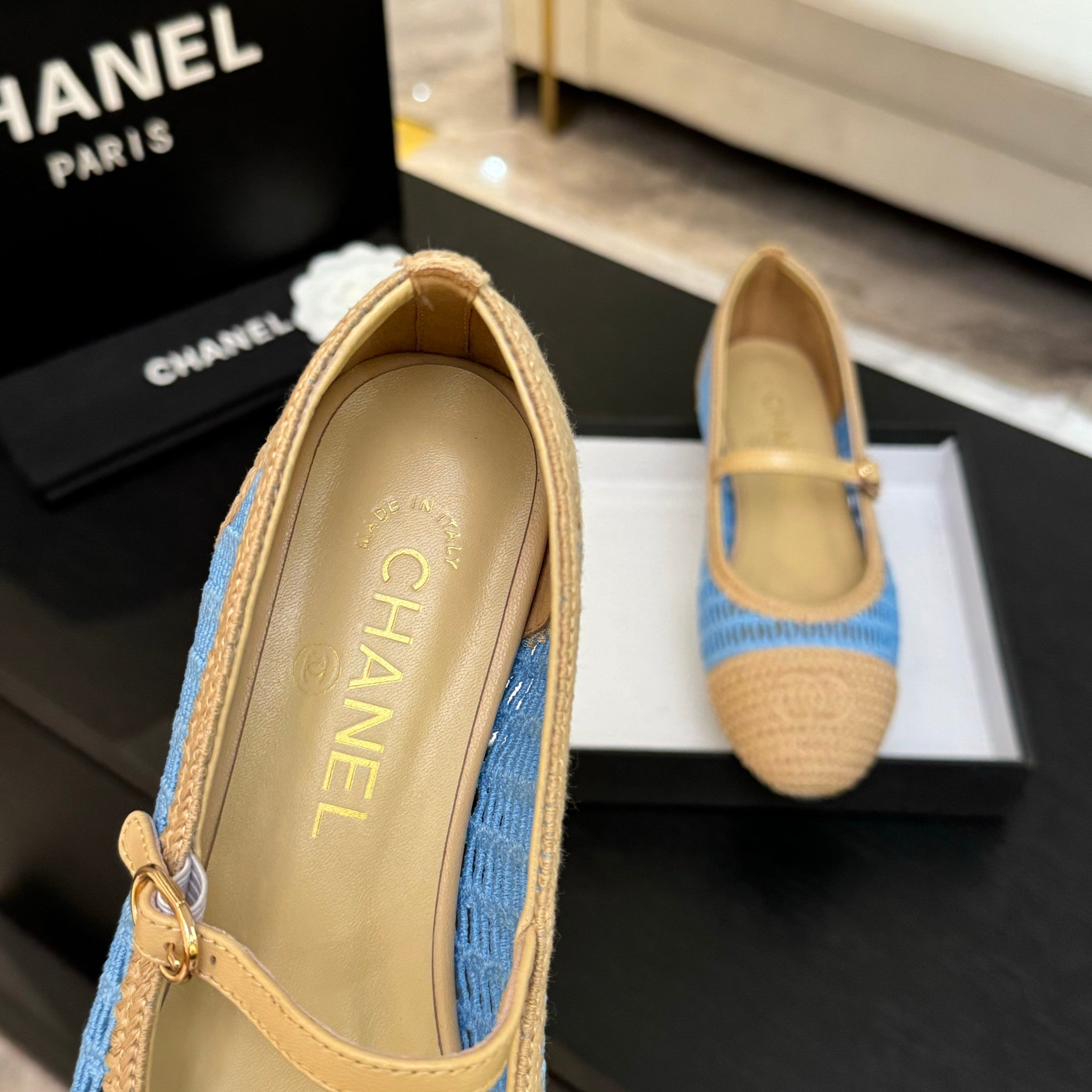 CC 25P Mary Jane 15mm Beige Blue Raffia 373782