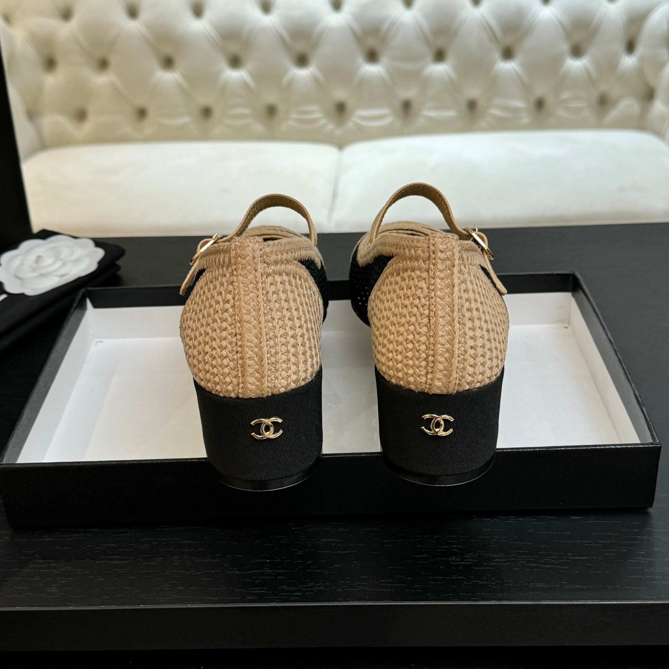 CC 25P Mary Jane 50mm Beige Black Raffia 373791