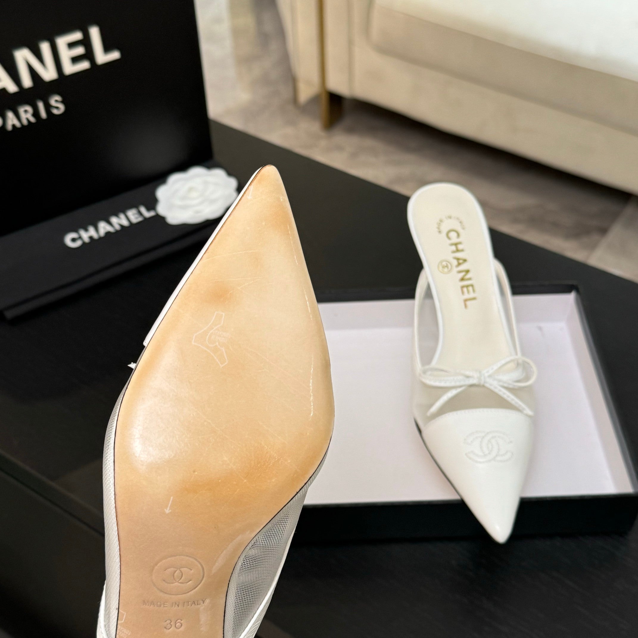 CC 26s Métiers d'Art Pointed-Toe Mule White Mesh Sheepskin 700623