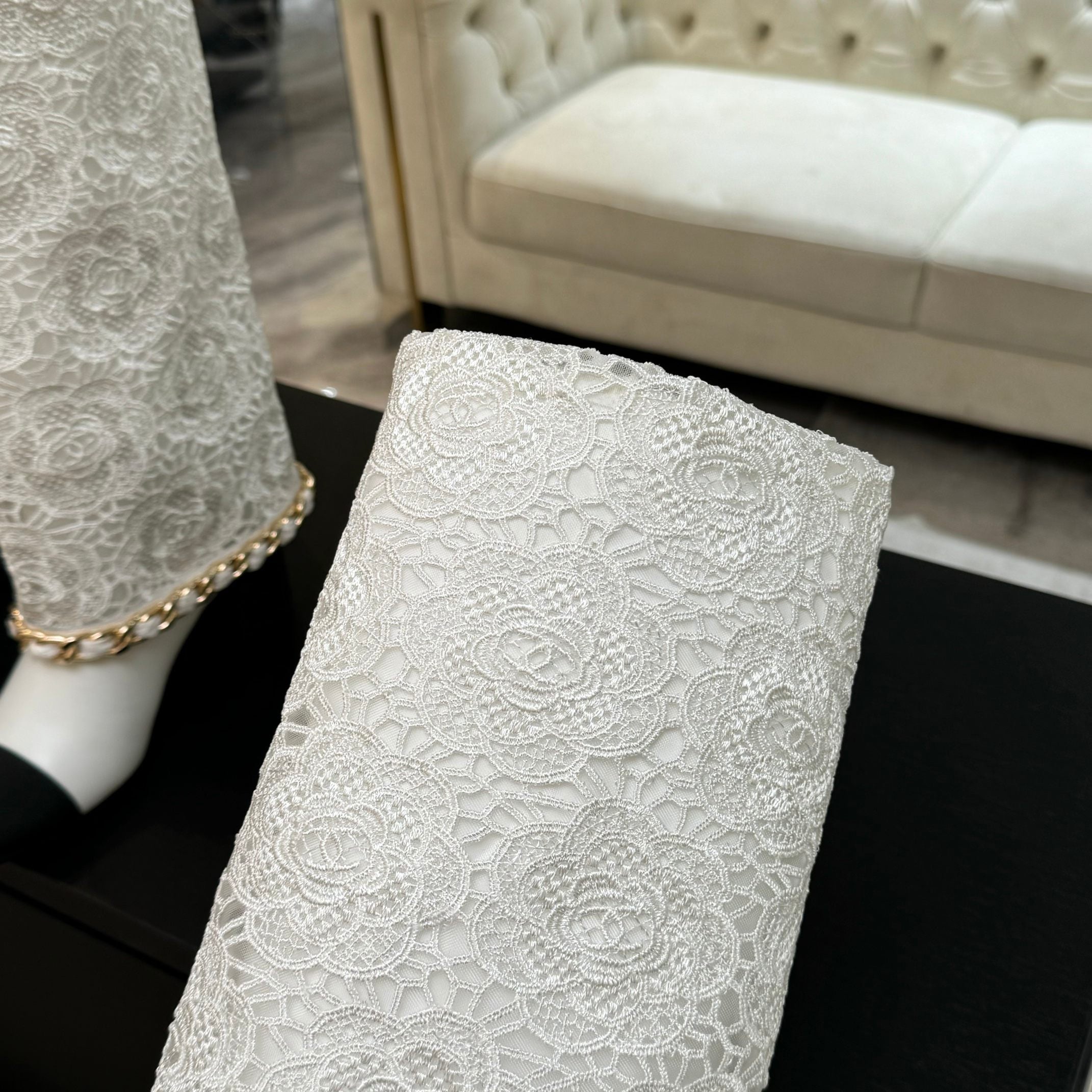 CC 25B High Boots White Lace With Chain Black Grosgrain 373805