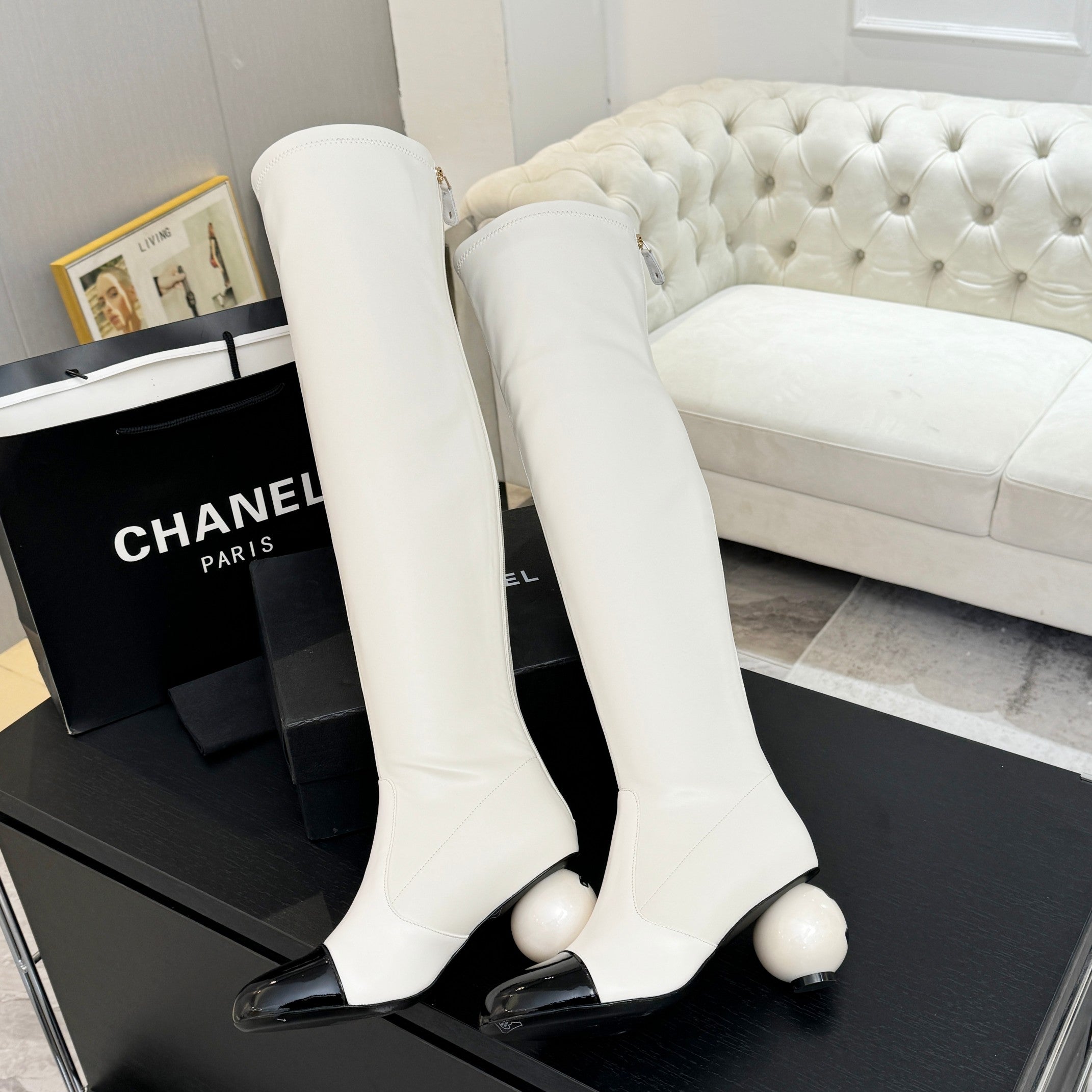 CC 25A Double C Giant Pearl Heel Boots 50mm Black White Cowhide 454945
