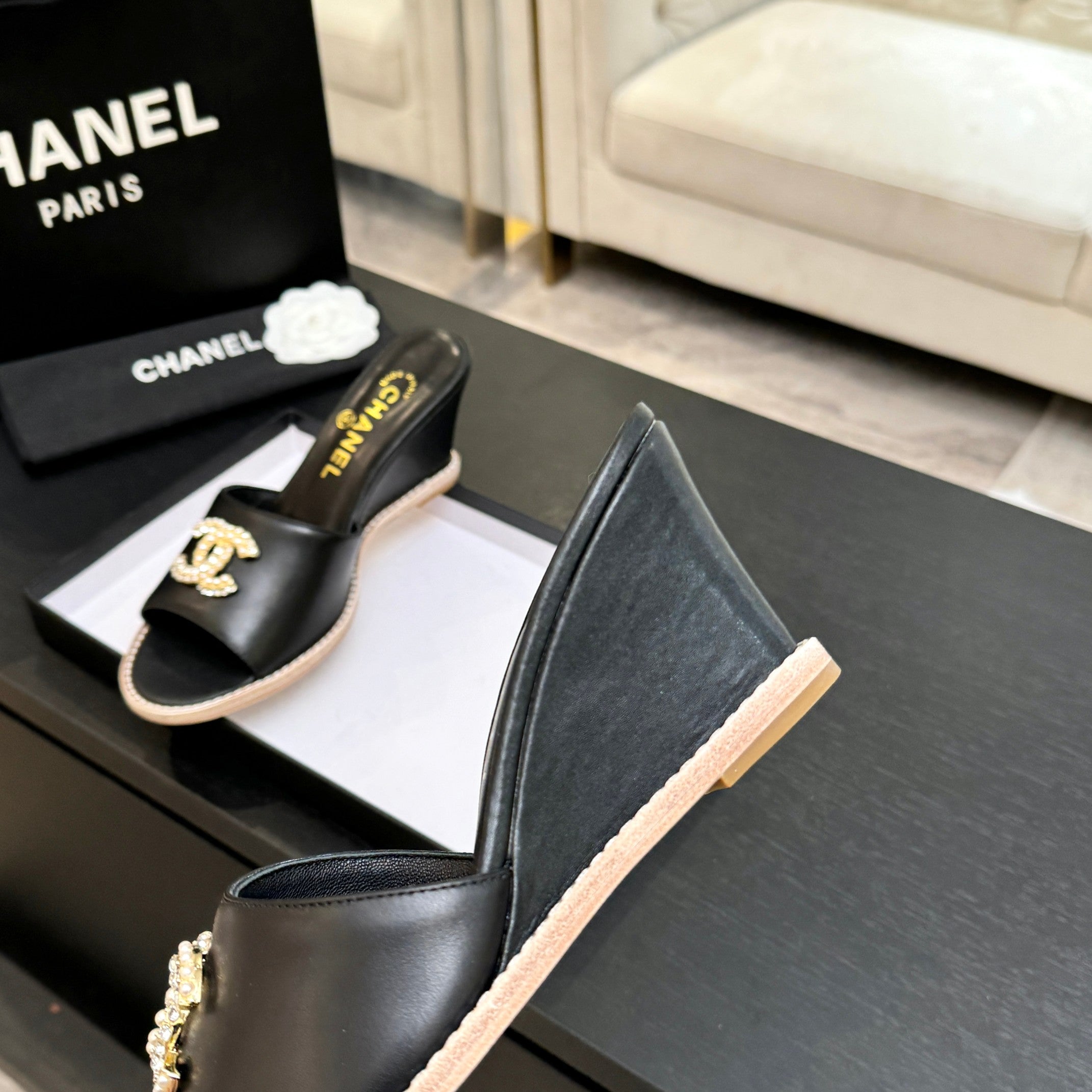 CC 26C Wedge Sandals Black Gold Lambskin 672975