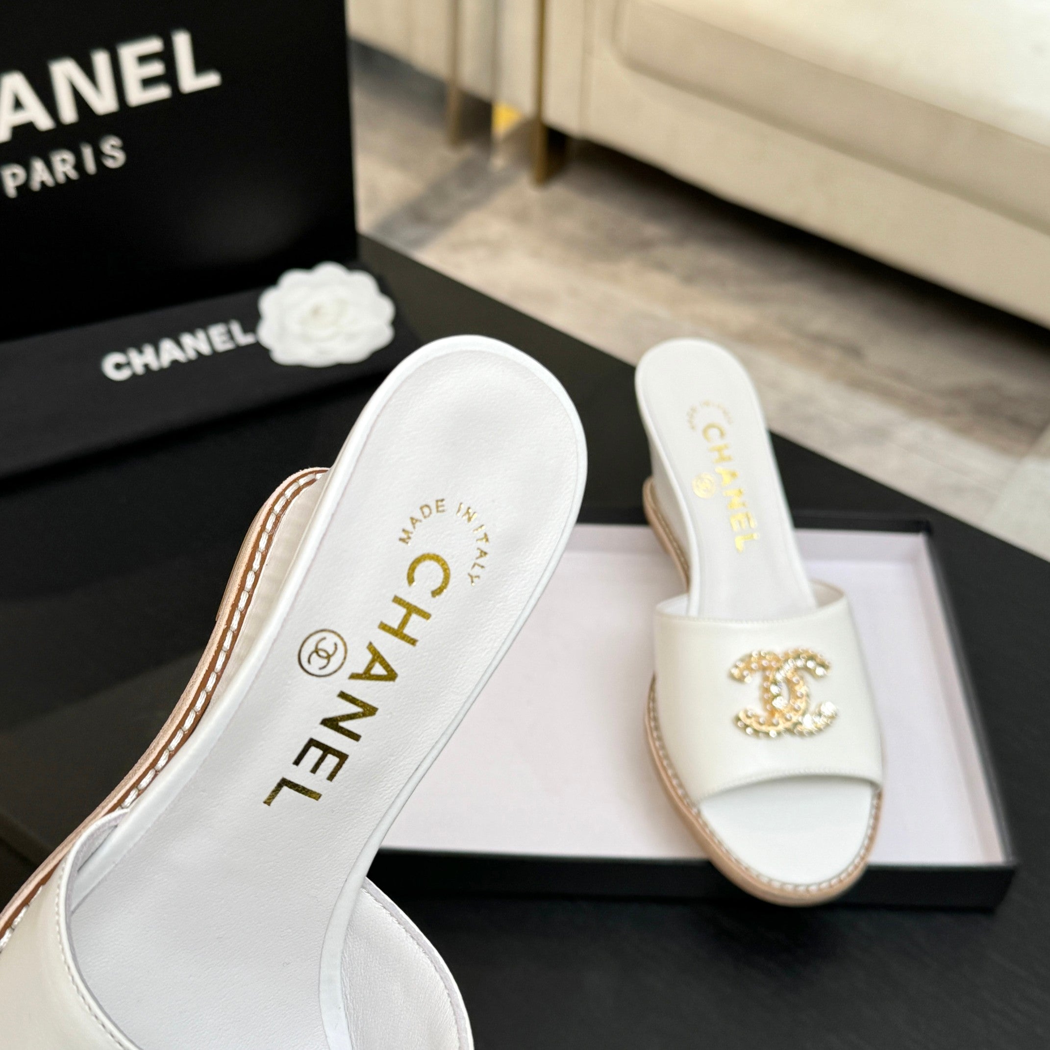 CC 26C Wedge Sandals White Gold Lambskin 672980
