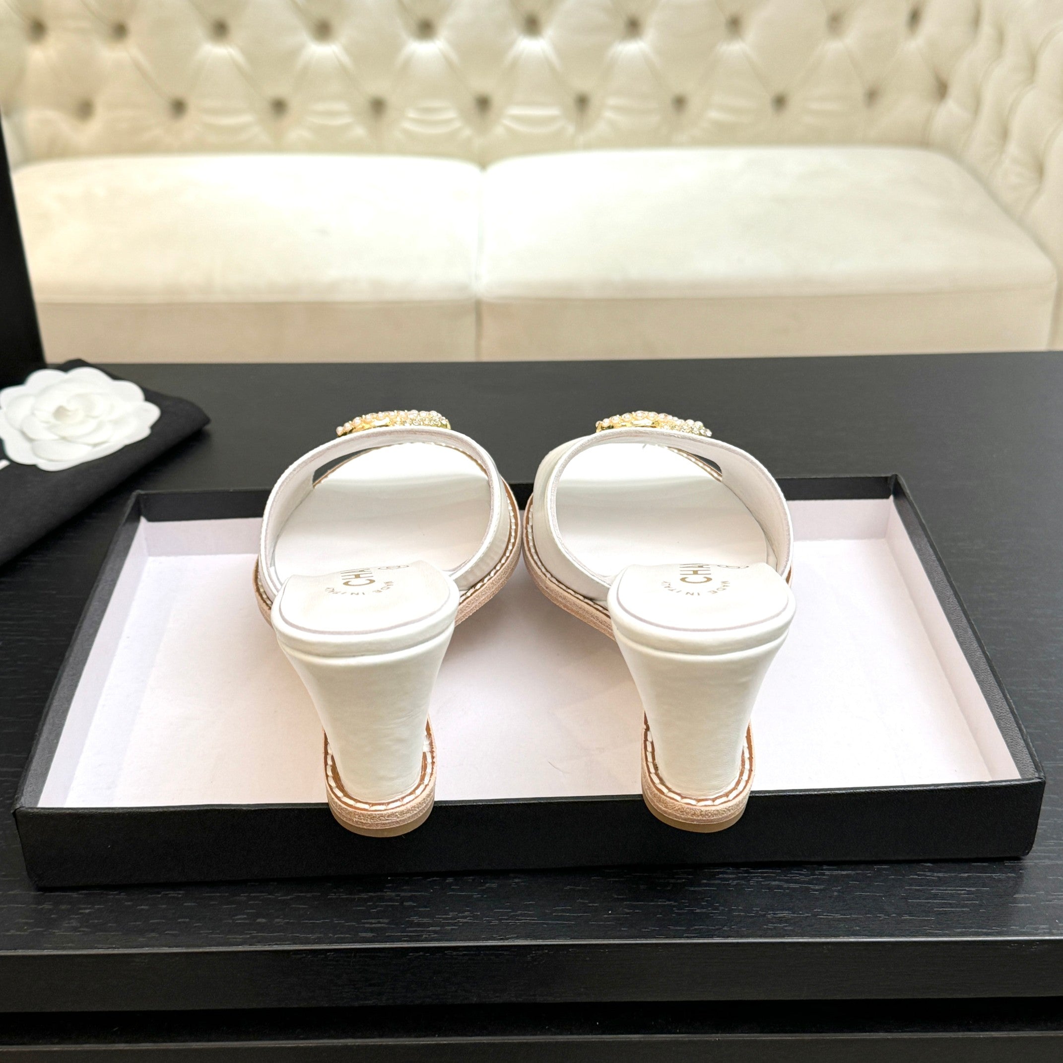 CC 26C Wedge Sandals White Gold Lambskin 672980