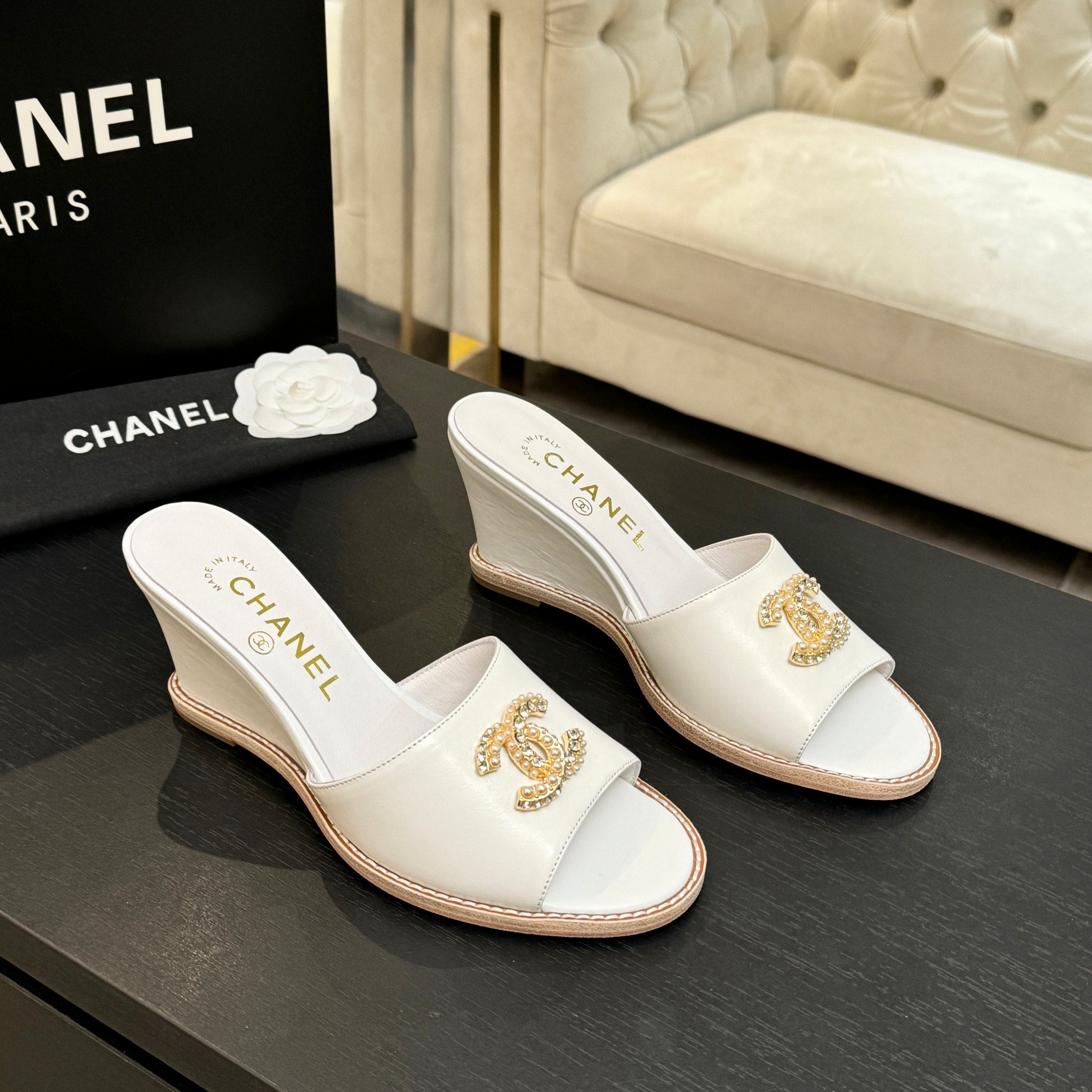 CC 26C Wedge Sandals White Gold Lambskin 672980