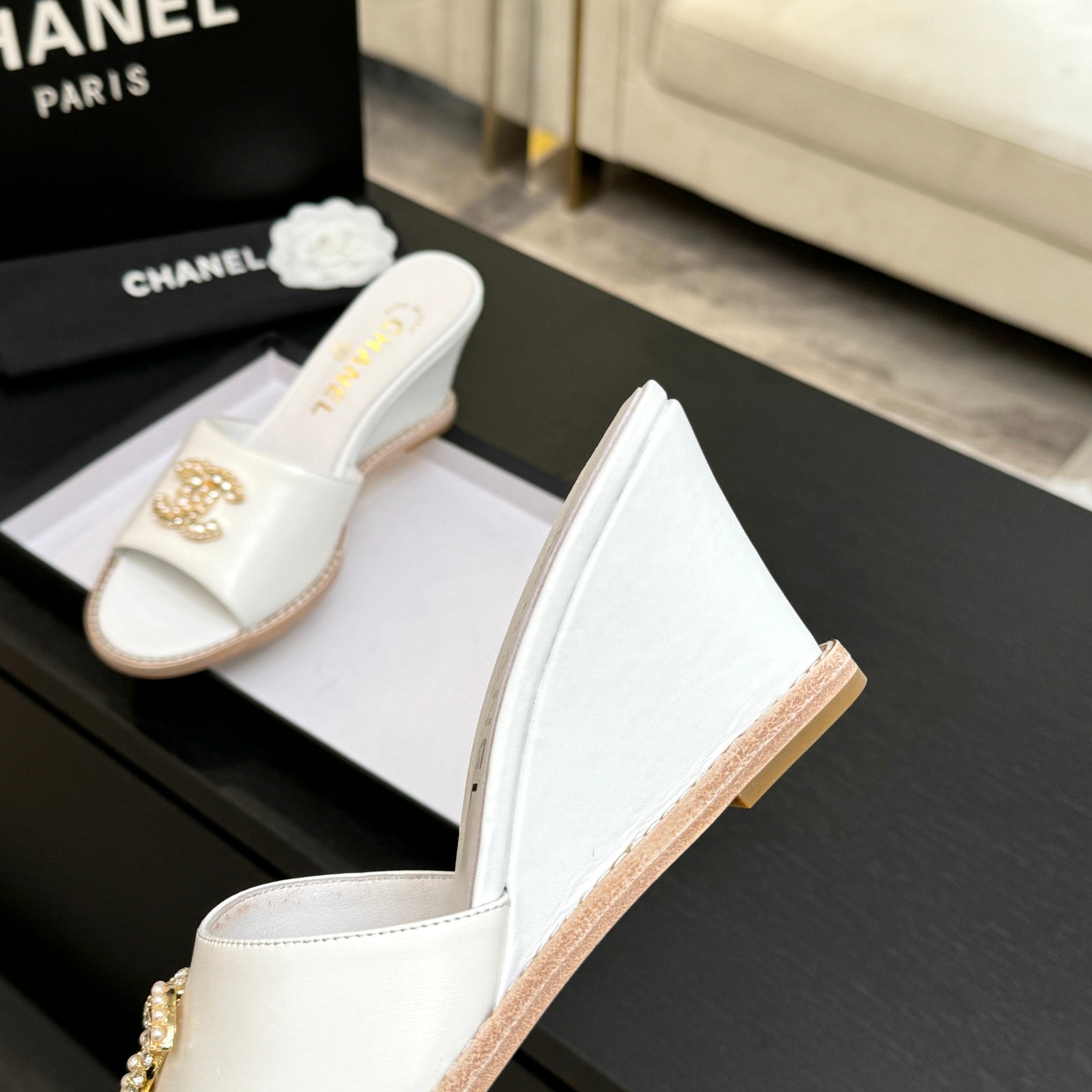 CC 26C Wedge Sandals White Gold Lambskin 672980