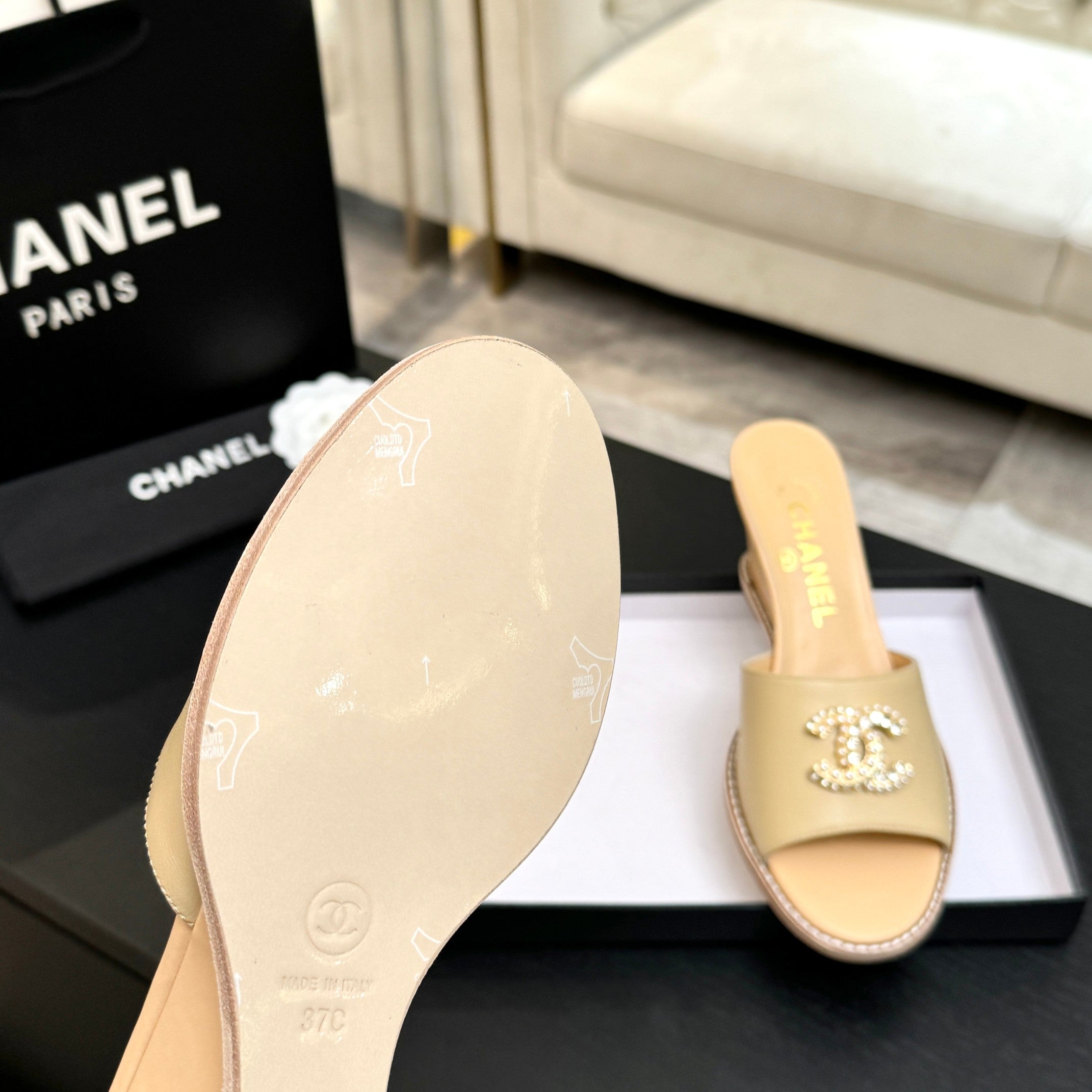 CC 26C Wedge Sandals Beige Lambskin 672983