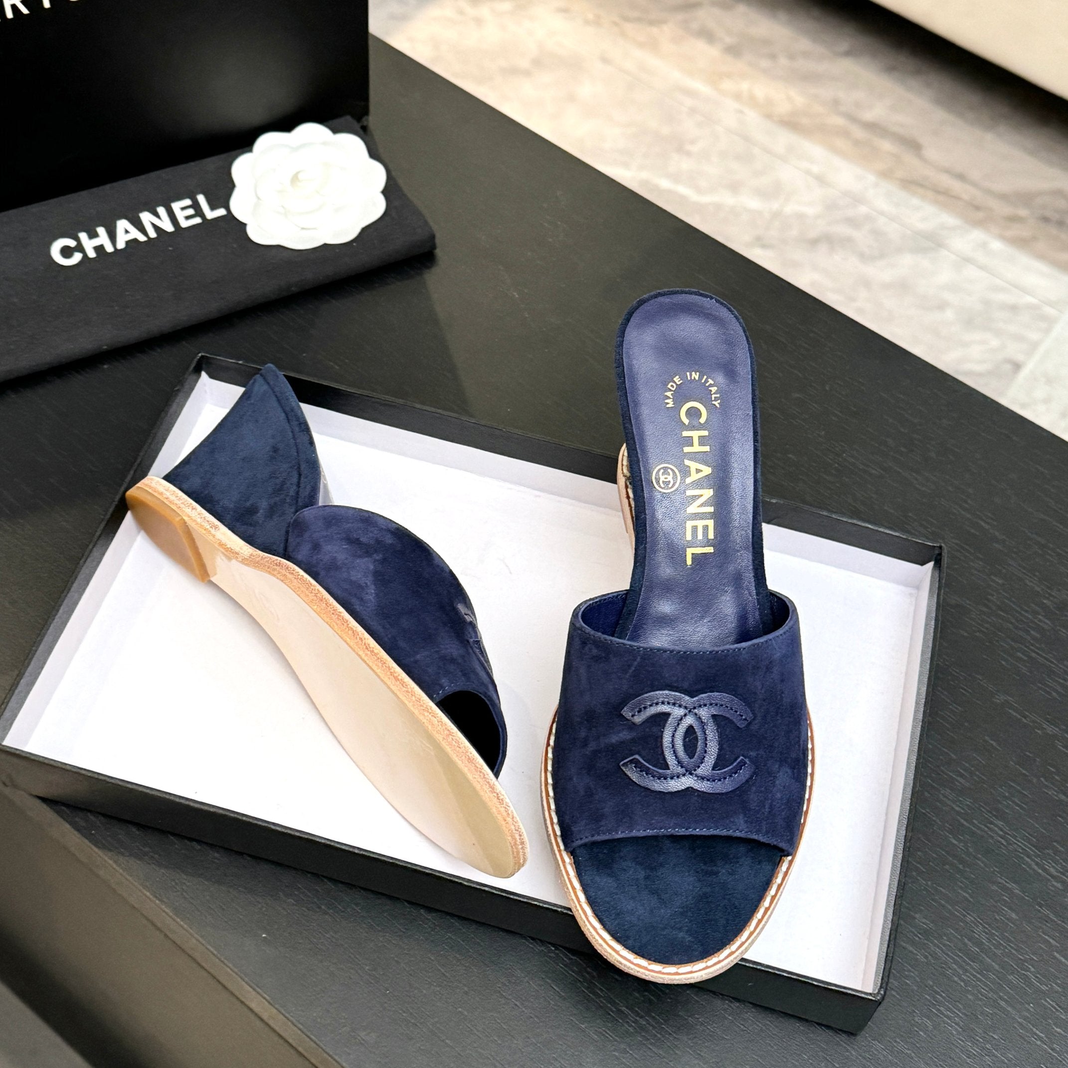 CC 26C Wedge Sandals Dark Blue Suede 672984