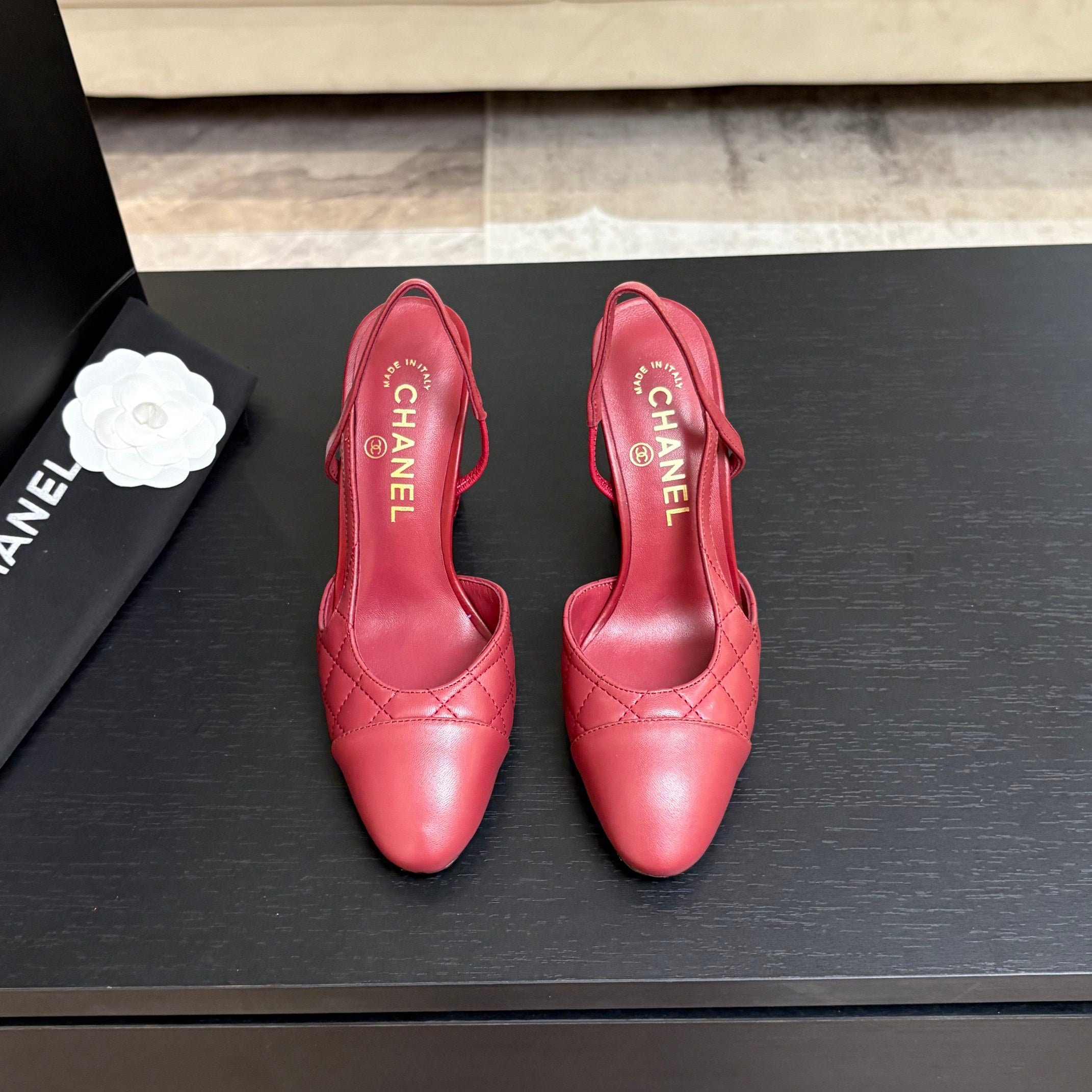 CC 26s Block Heel Slingback 9cm Red Quilted Lambskin 958001