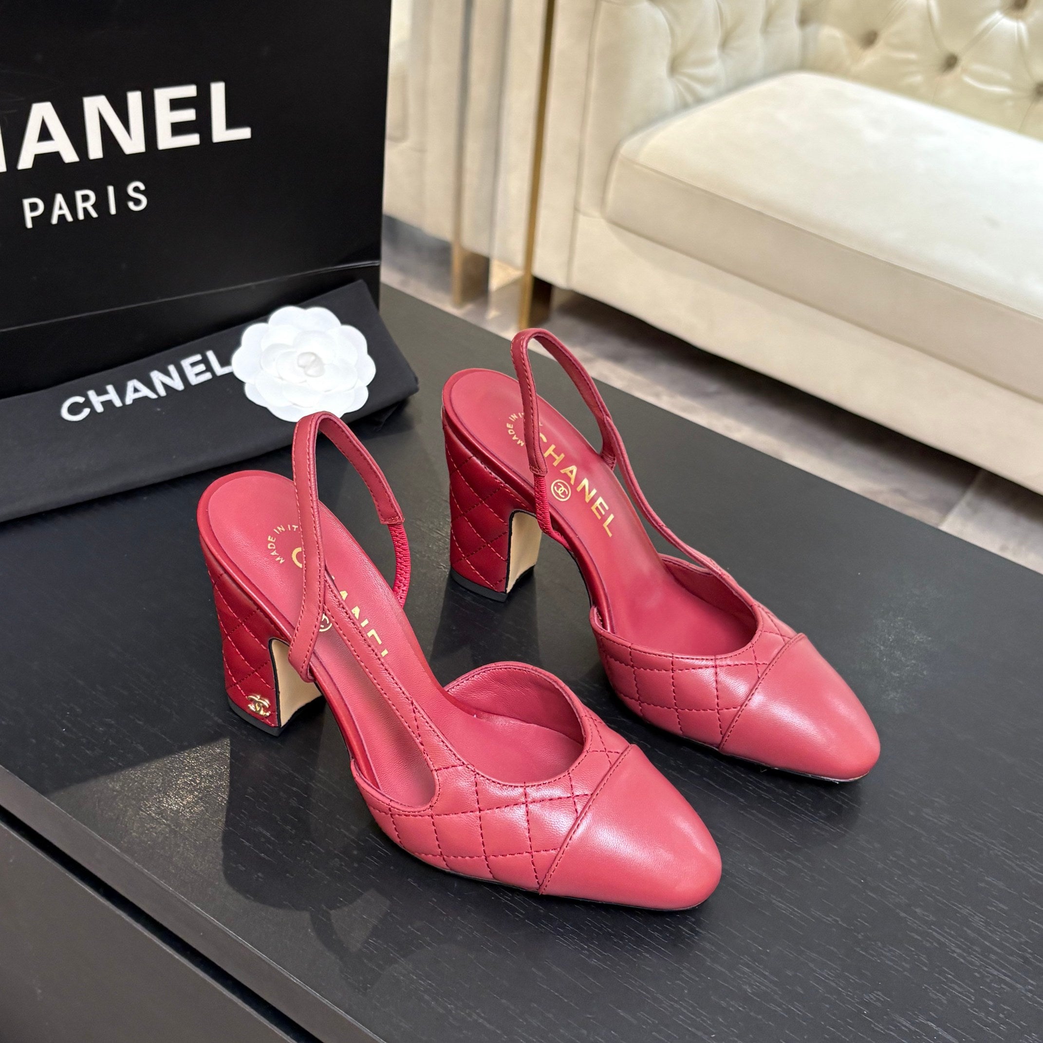 CC 26s Block Heel Slingback 9cm Red Quilted Lambskin 958001