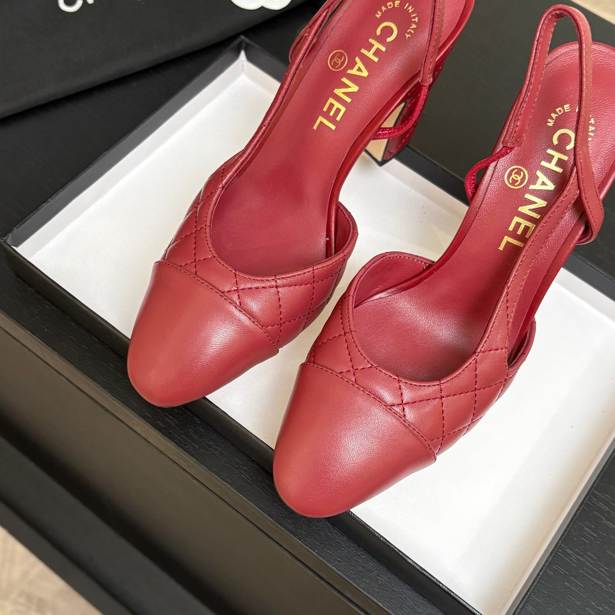 CC 26s Block Heel Slingback 9cm Burgundy Quilted Lambskin 958000