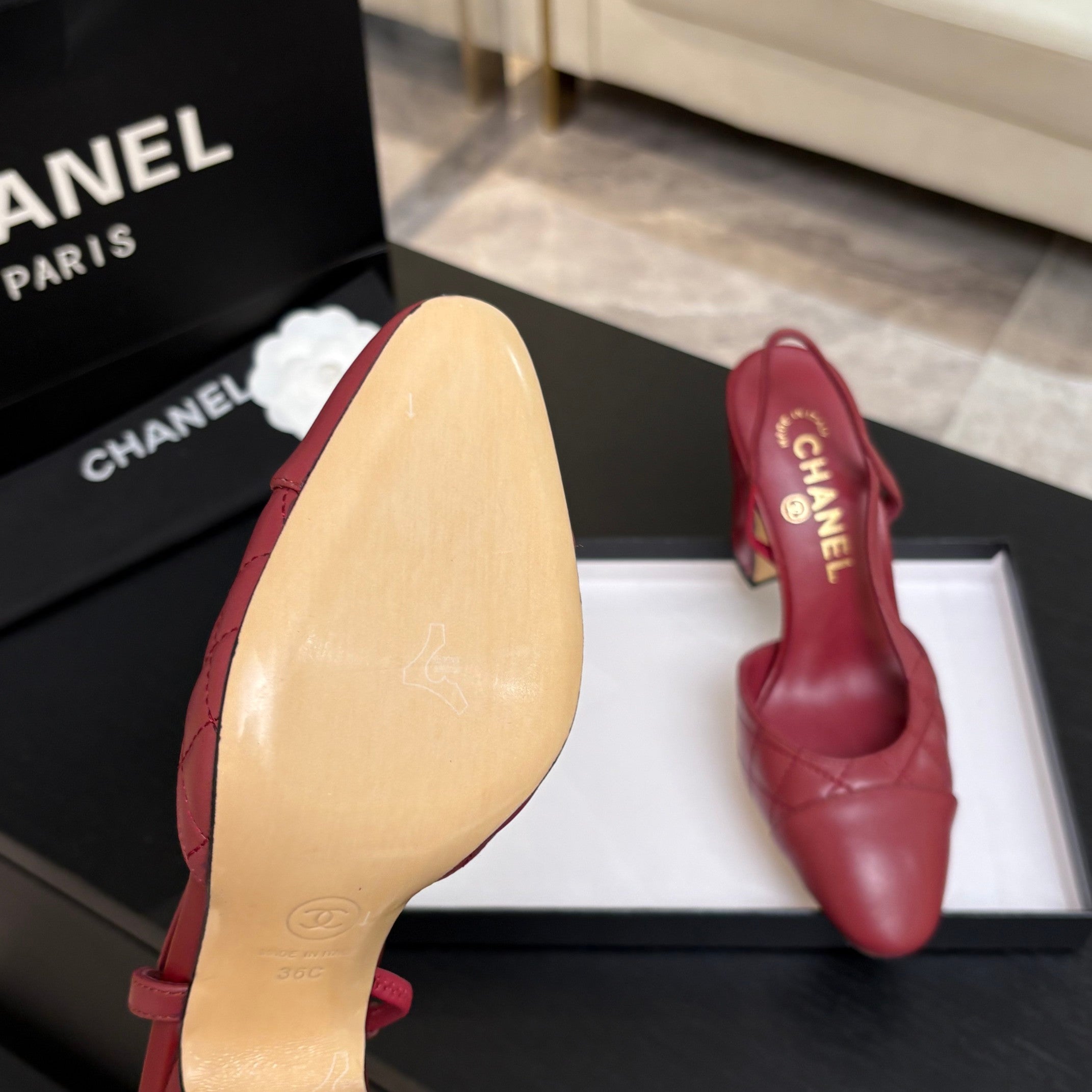 CC 26s Block Heel Slingback 9cm Red Quilted Lambskin 958001