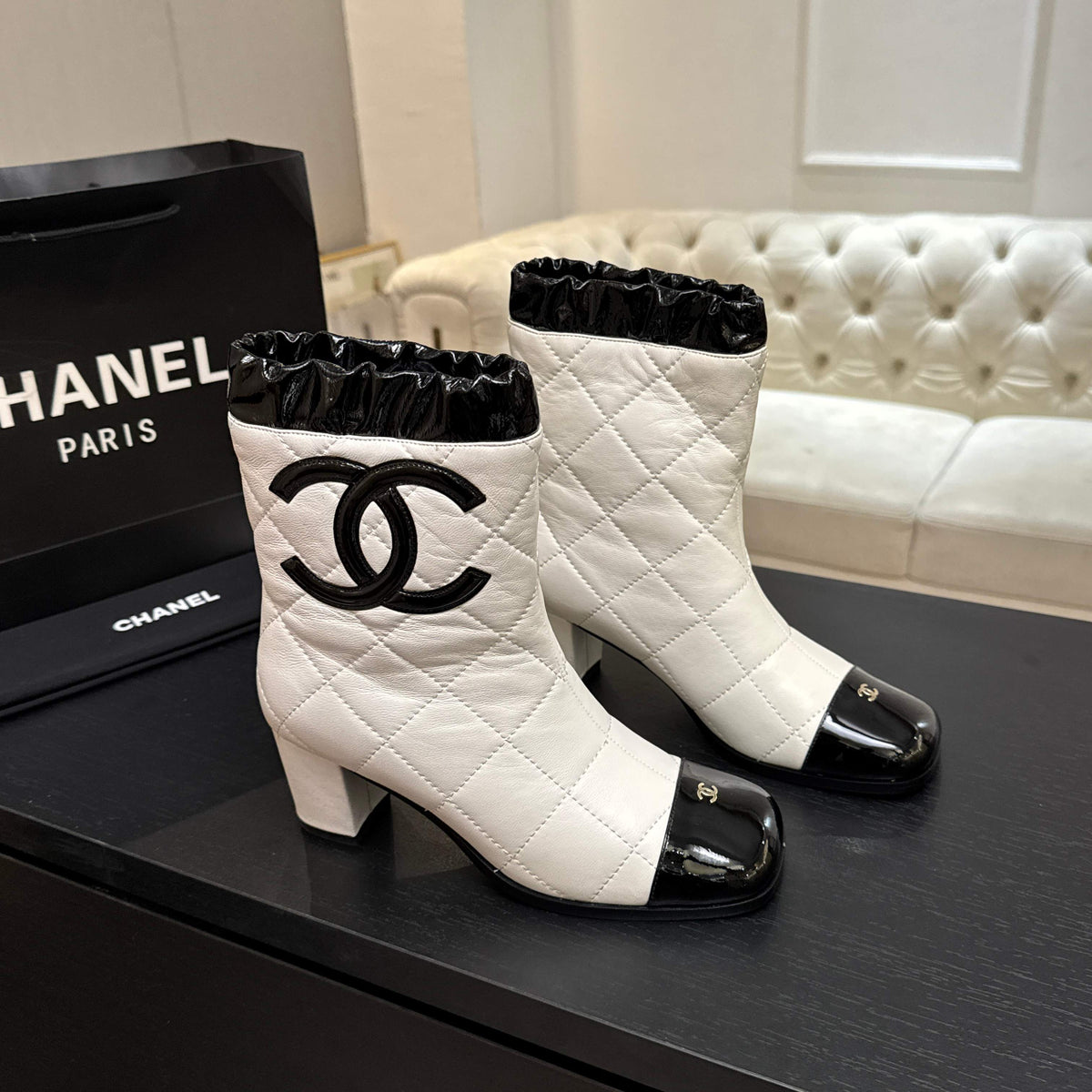 Chanel 26s Quilted Ankle Boots 6cm White Black Leather 167941