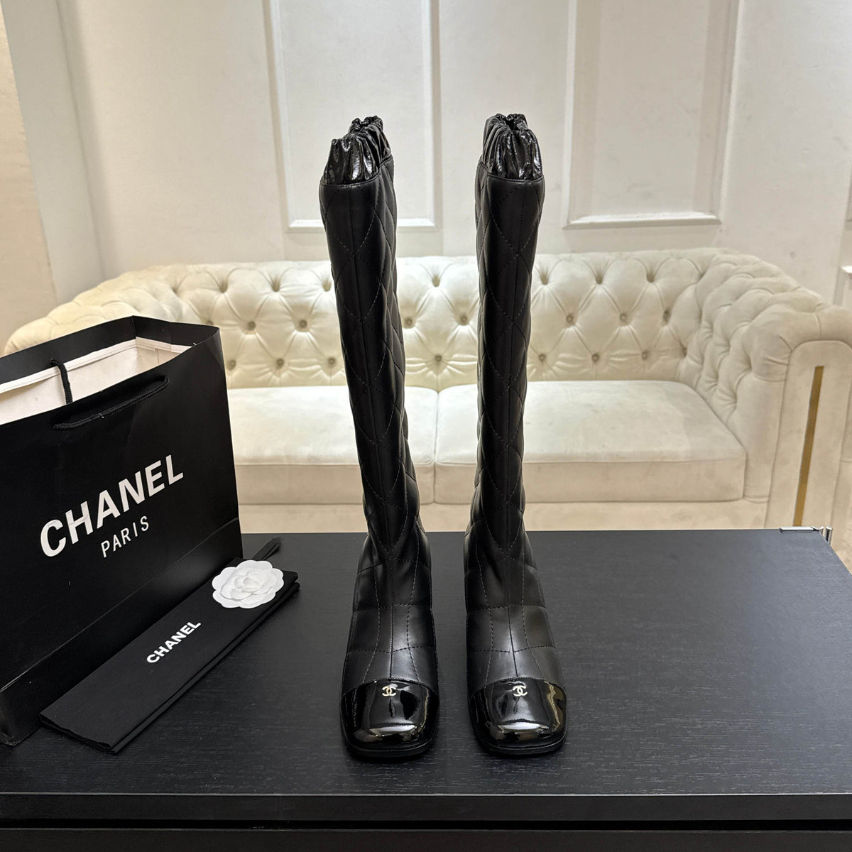 Chanel 26s Quilted High Boots 6cm Black Leather 167942