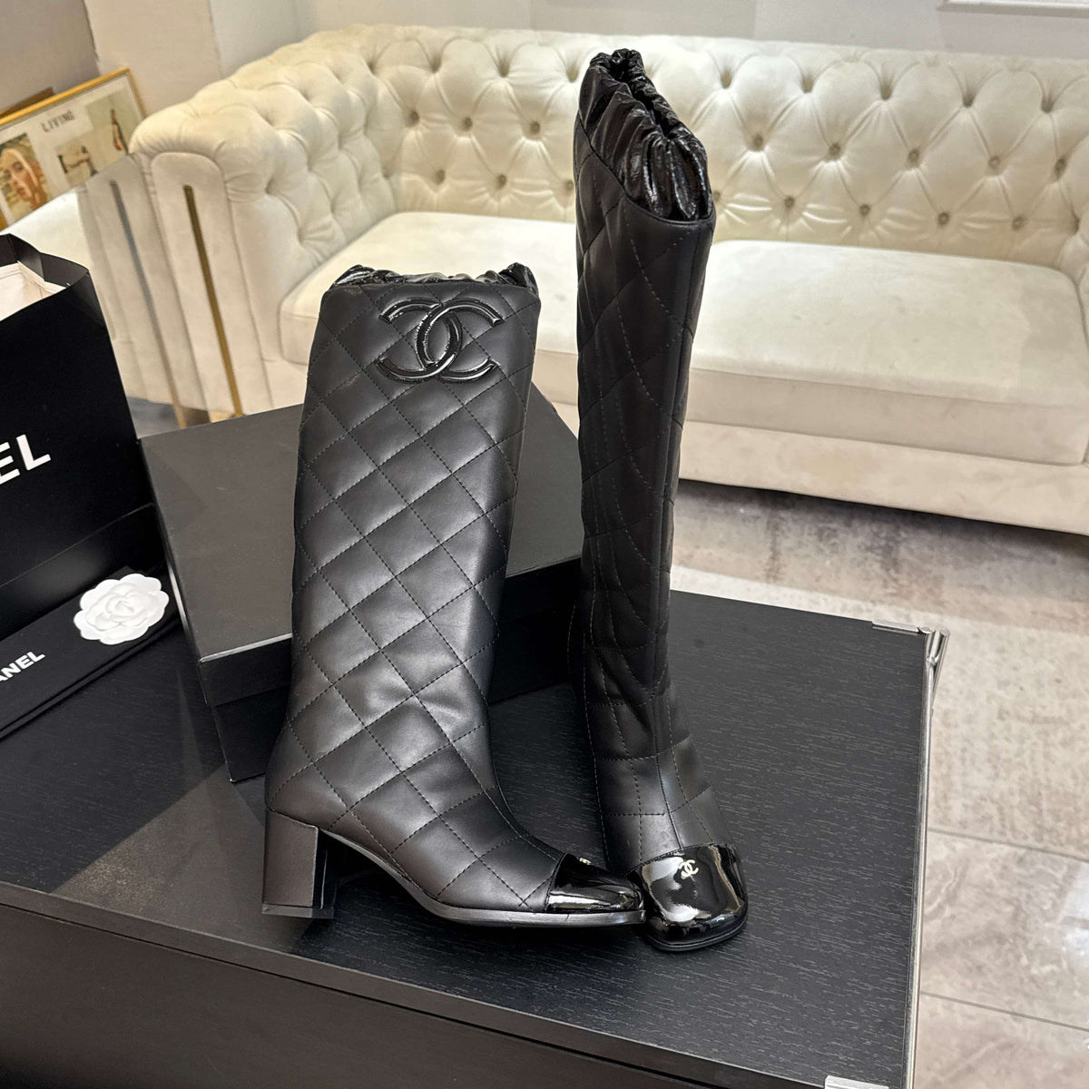 Chanel 26s Quilted High Boots 6cm Black Leather 167942