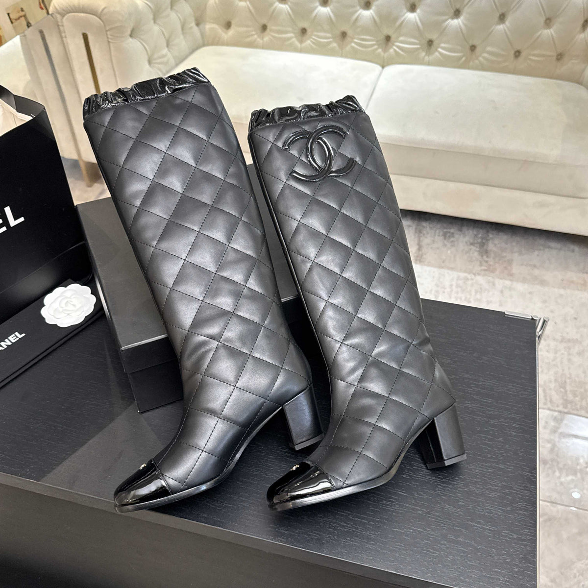 Chanel 26s Quilted High Boots 6cm Black Leather 167942