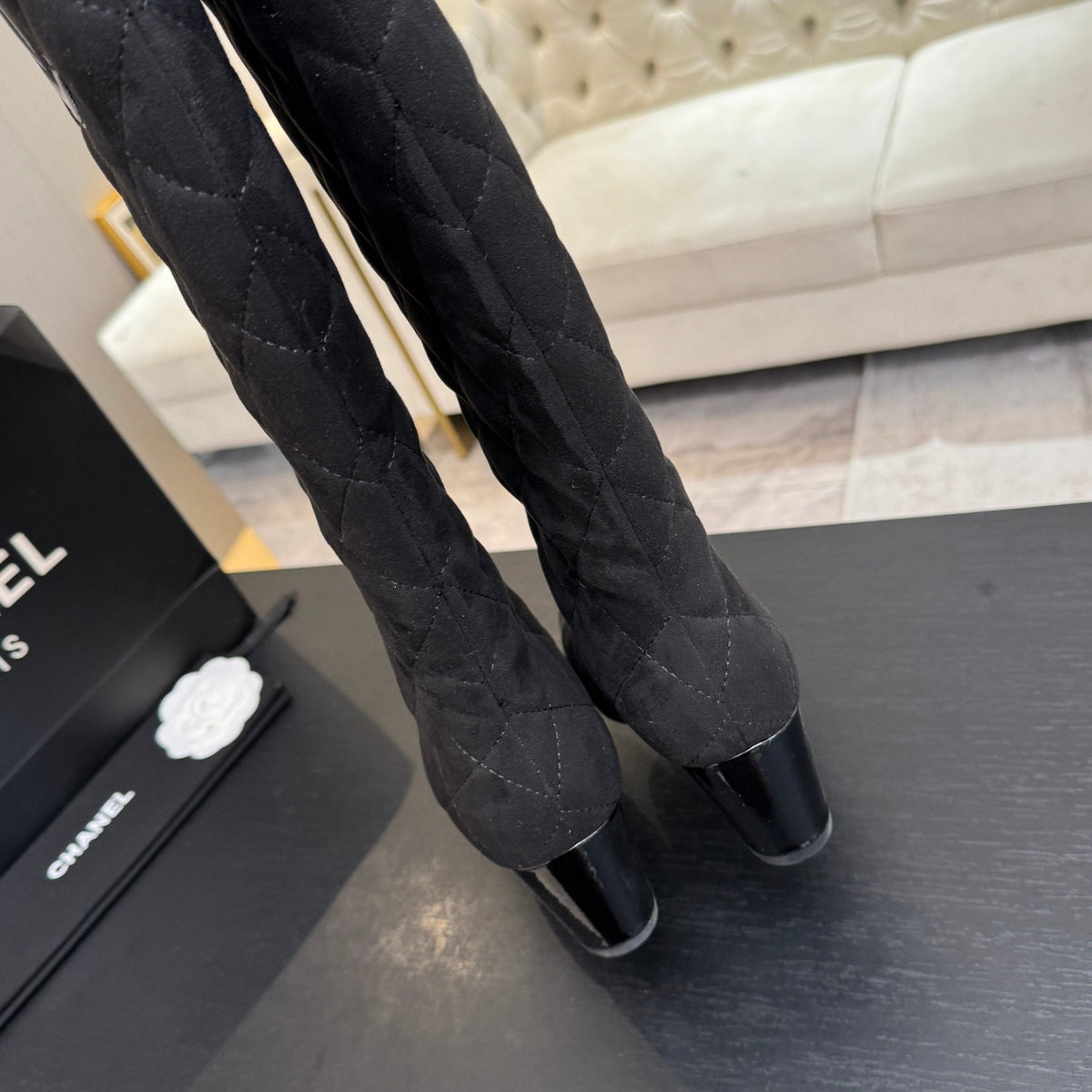 Chanel 26s Quilted High Boots 6cm Black Suede Leather 167943