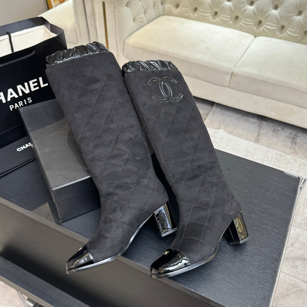 Chanel 26s Quilted High Boots 6cm Black Suede Leather 167943