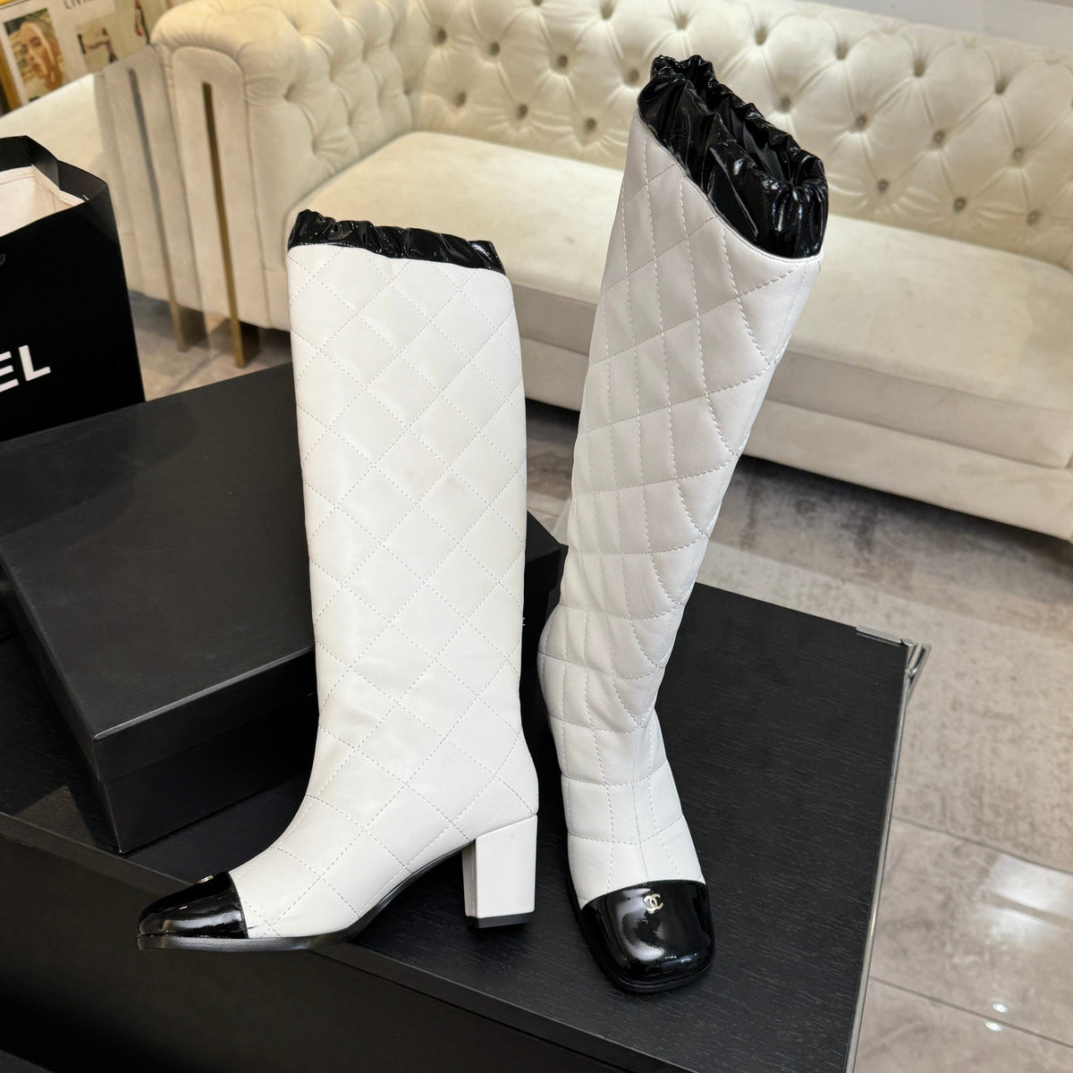 Chanel 26s Quilted High Boots 6cm White Black Leather 167944