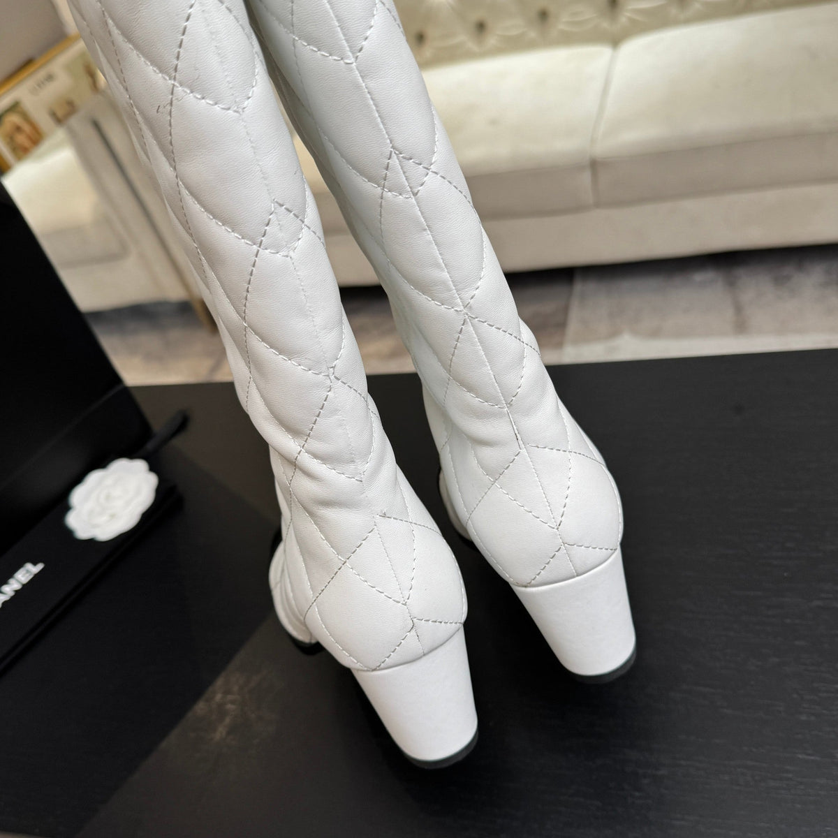 Chanel 26s Quilted High Boots 6cm White Black Leather 167944