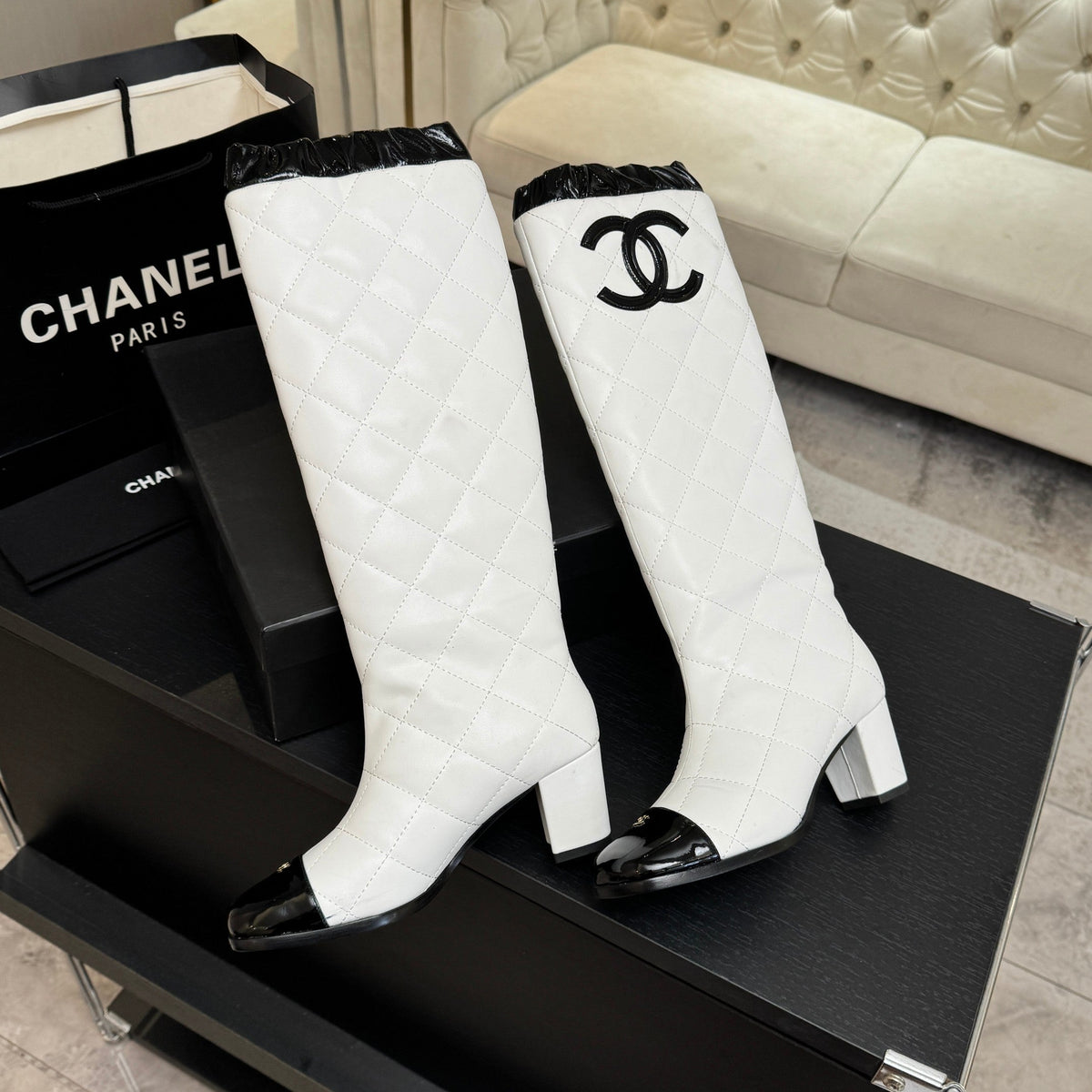 Chanel 26s Quilted High Boots 6cm White Black Leather 167944