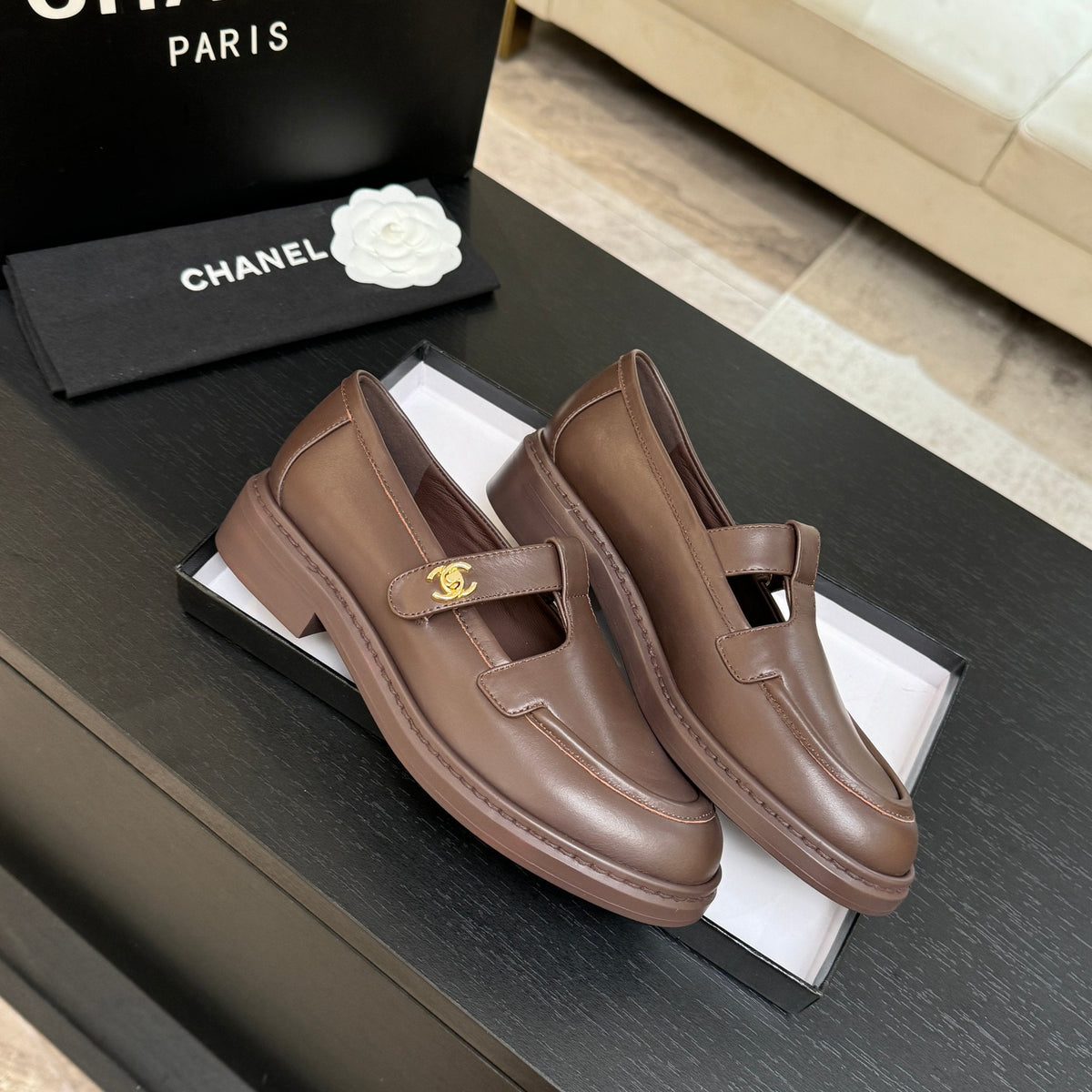Chanel 26s Mary Jane Loafers 3cm Brown Leather 167973