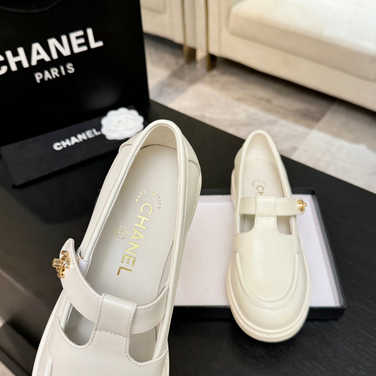 Chanel 26s Mary Jane Loafers 3cm Cream Leather 167974