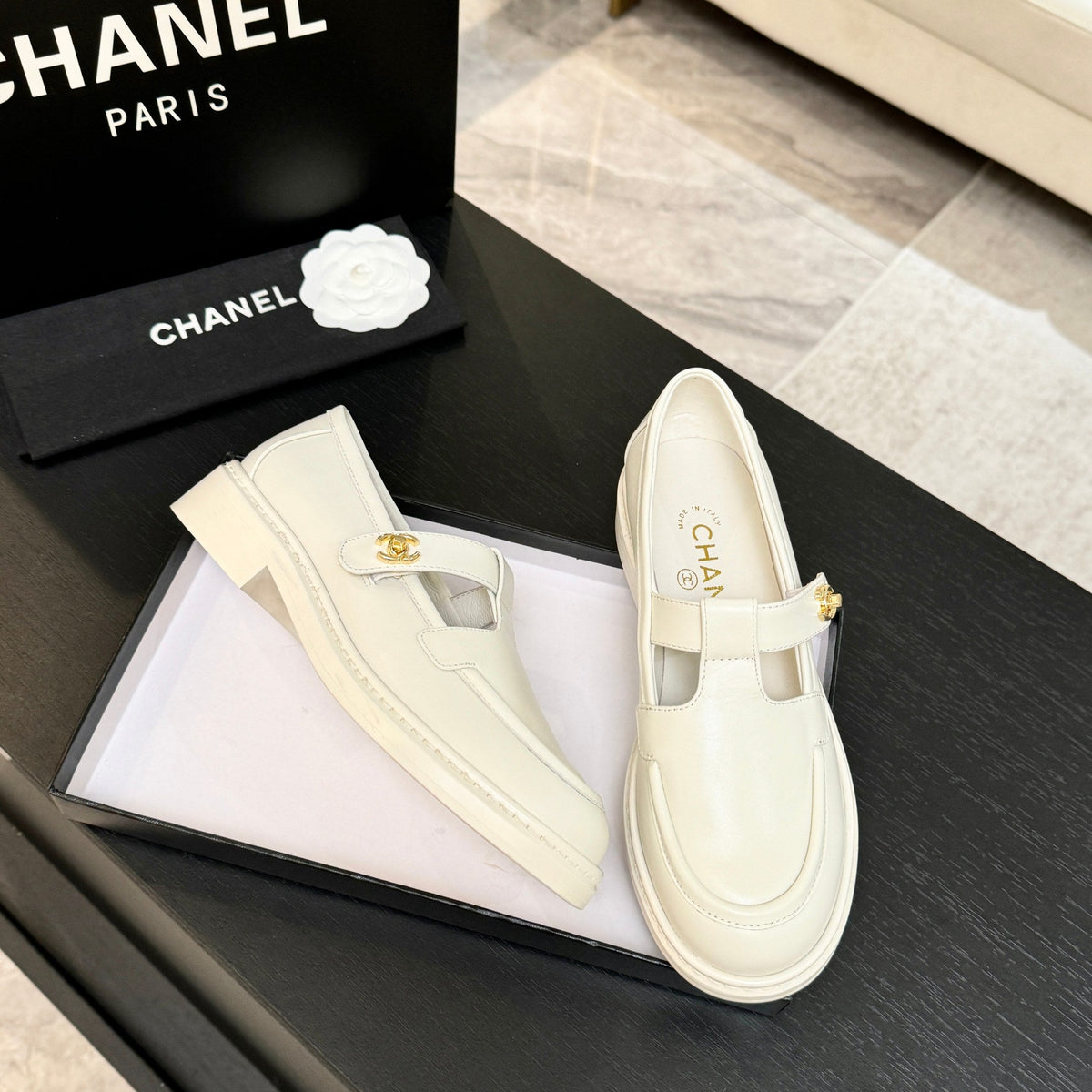 Chanel 26s Mary Jane Loafers 3cm Cream Leather 167974