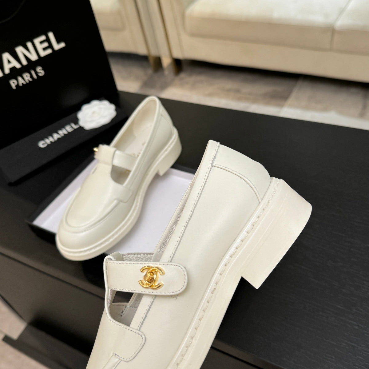 Chanel 26s Mary Jane Loafers 3cm Cream Leather 167974