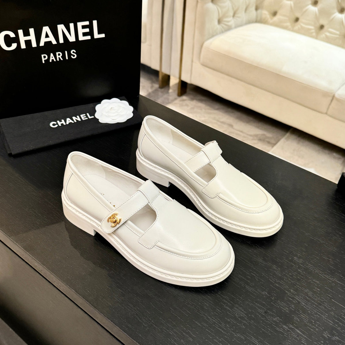 Chanel 26s Mary Jane Loafers 3cm Cream Leather 167974