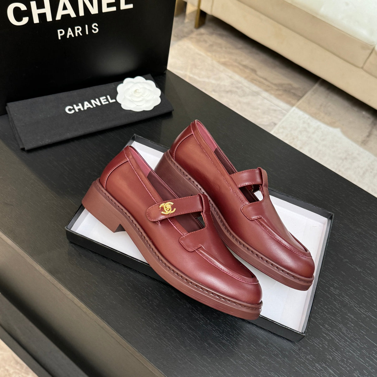 Chanel 26s Mary Jane Loafers 3cm Burgundy Leather 167975